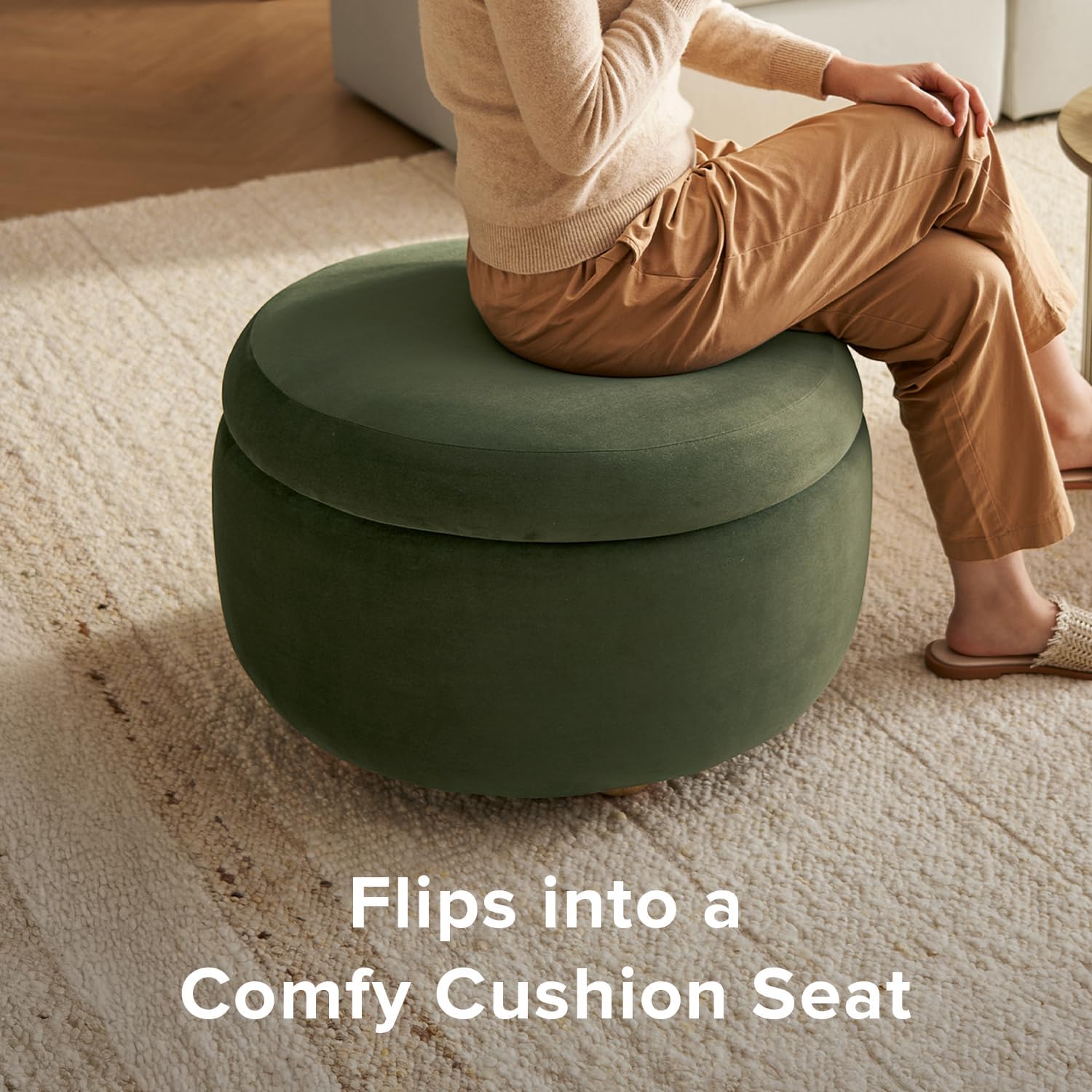 mopio Luna Round Ottoman with Storage and Tray, Round Coffee Table with Storage, Upholstered Foot Stools Ottoman for Living Room, Bedroom, with Solid Rubberwood Legs (Olive Green Premium Velvet)