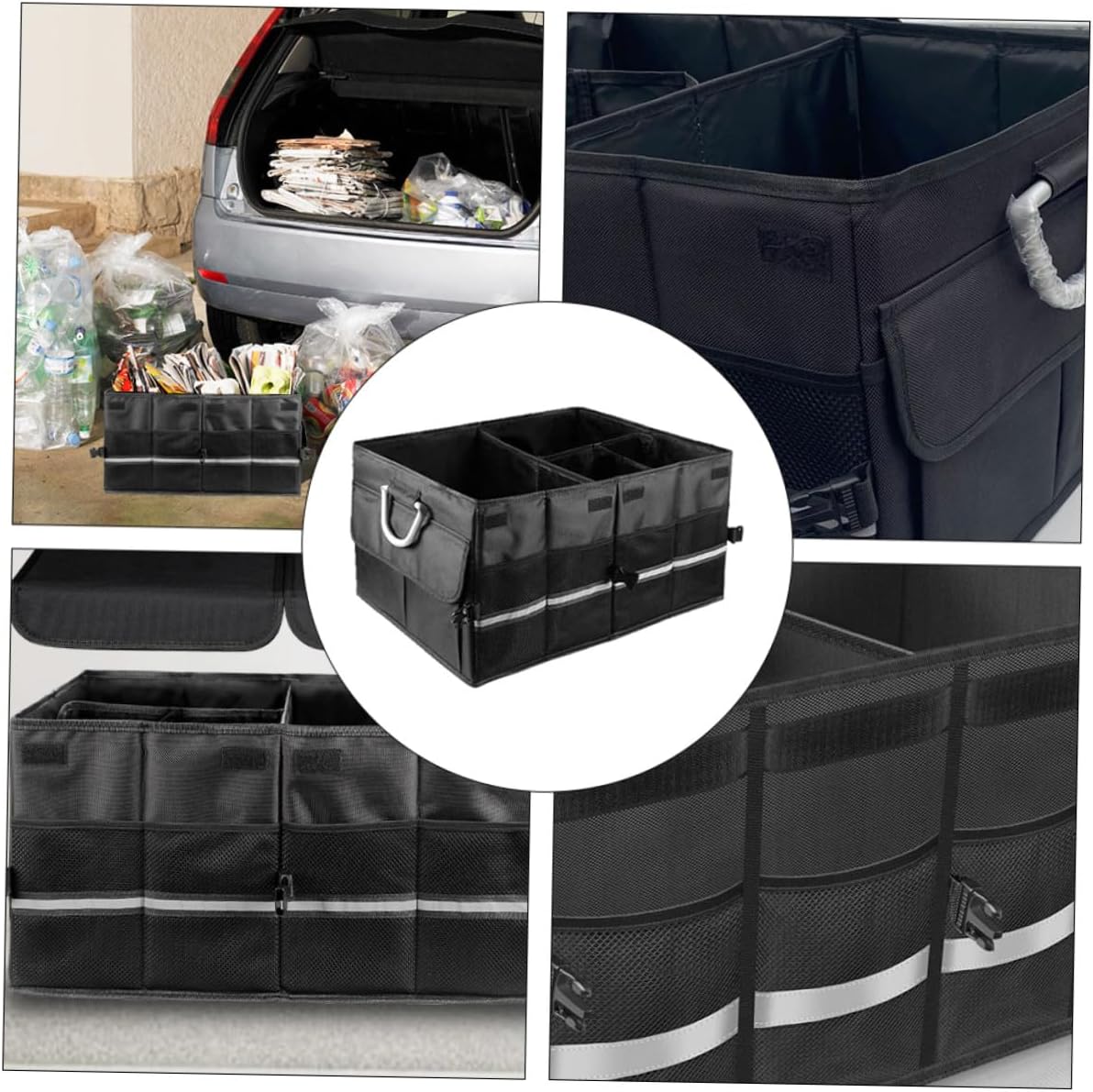 Car Trunk Organizer Foldable Storage Box Black, Multi-functional Auto Cargo Organizer for Suv and Sedan, Heavy-duty Foldable Car Storage Case with Compartments for Vehicle Supplies