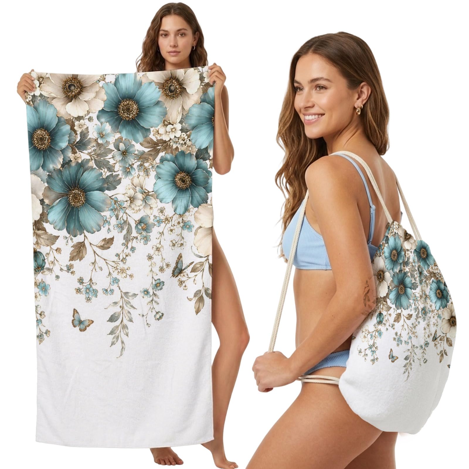 Beach Towel Bag 2 in 1 Teal Blue White Bloom Flower Bath Pool Towels Backpack Floral Vines Petals Absorbent Beach Towel Soft Quick Dry Lightweight Packable Towels Drawstring Bag for Travel Sports Yoga