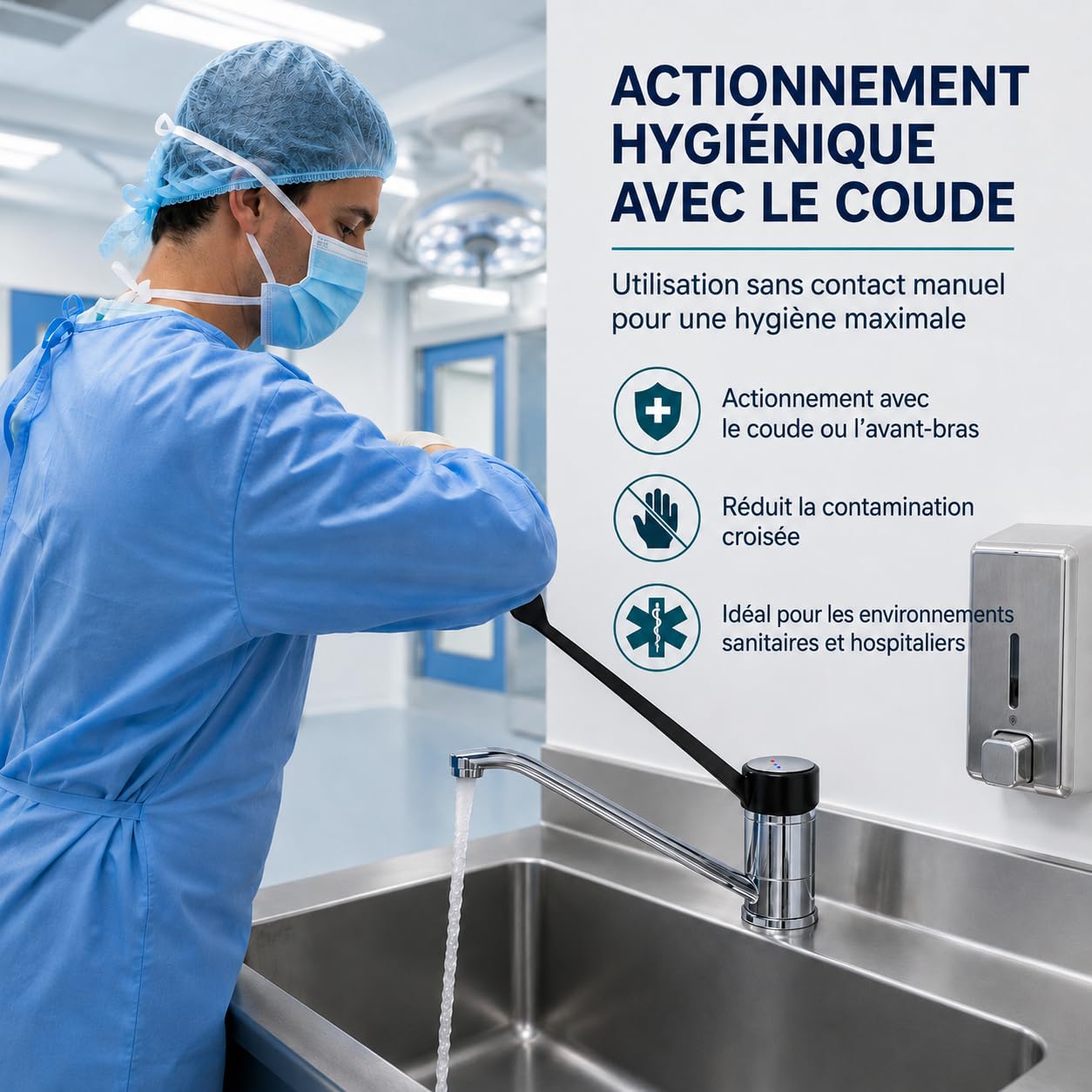 GOLDMAN SERVICE | Robinet coudé gérontologique monocommande, levier long 30 cm, bec 360°, robinet sanitaire et hygiénique pour hôpitaux, cliniques, laboratoires et cuisine professionnelle