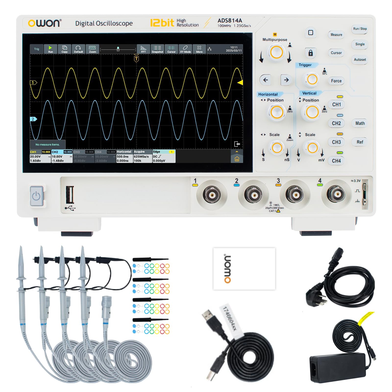 Davant view of the OWON ADS814A 12-bit Digital Oscilloscope with its screen displaying waveforms and various control knobs and input ports visible.