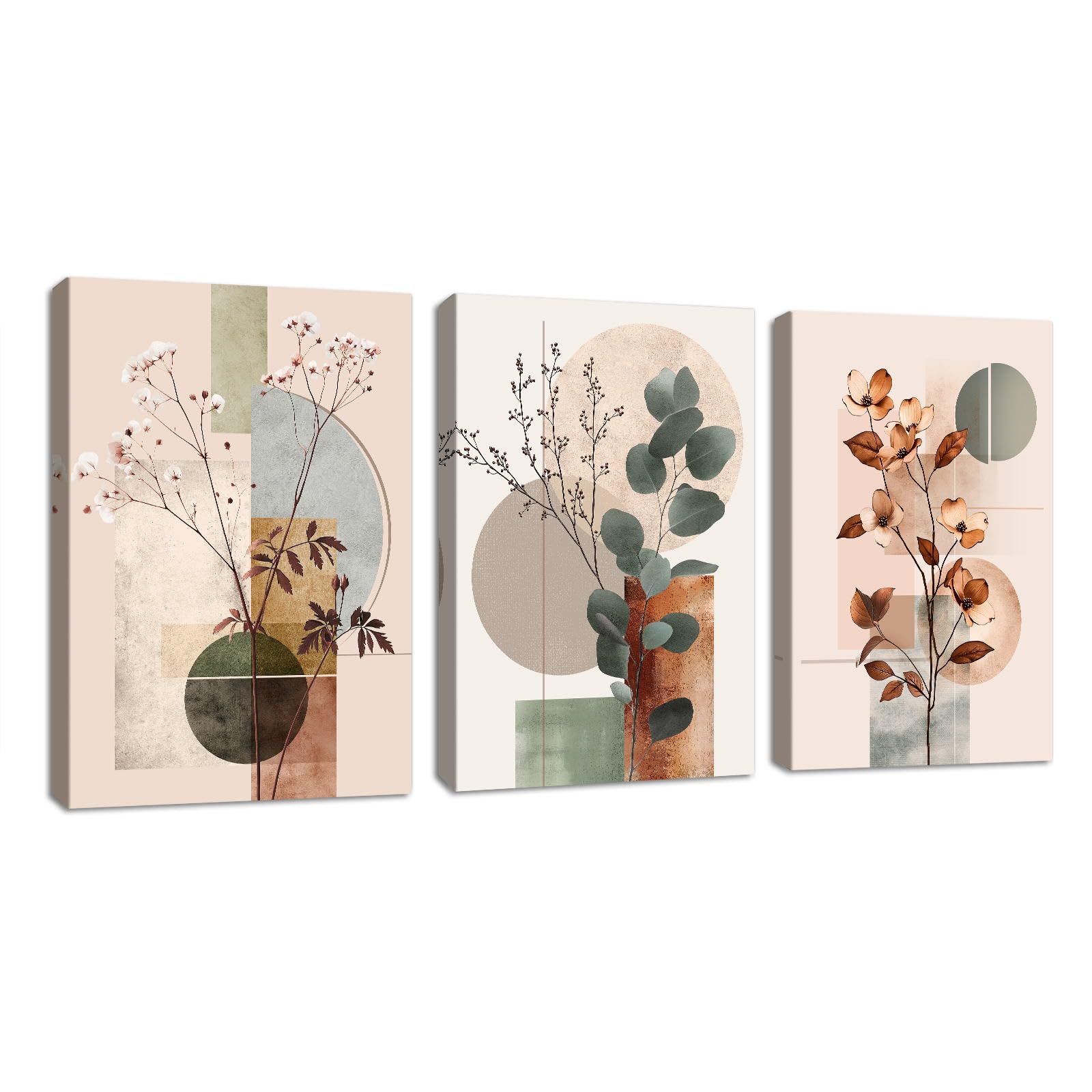 3Pcs Beige Geométrico Abstracto Marcos Con Modernos Cuadros Decoracion Botánico Algodón Eucalipto Hoja Cuadro y Láminas Plantas Floral Lienzos Decorativos Hogar Para Comedor Salon Dormitorios 40X60cm