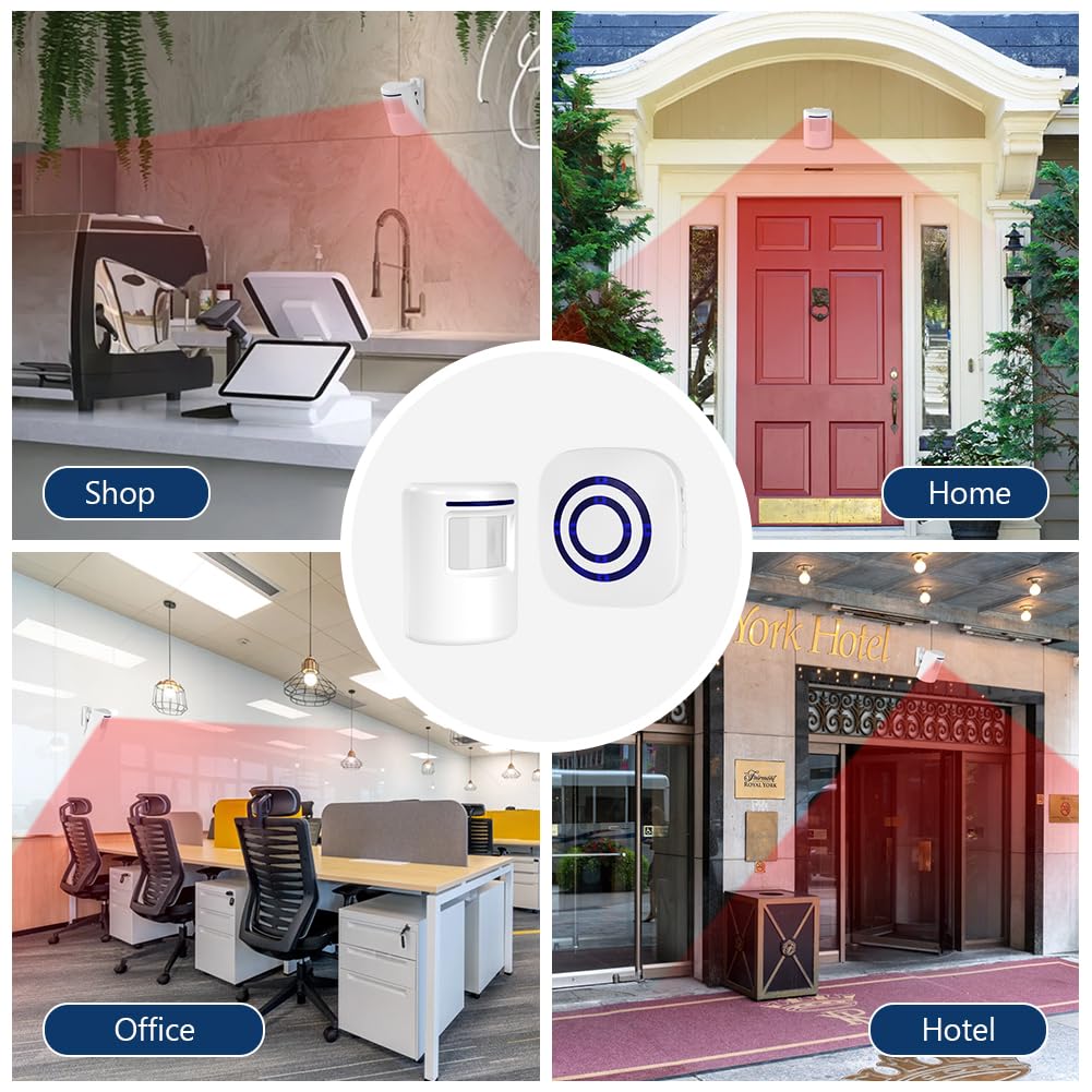 AXFEE Detector de Movimiento Interior, con 1 Receptor electrónico y 1 Detector de Sensor de Movimiento PIR 4 Niveles de Volumen, con 38 melodías Alarma de Seguridad, para caravanas, Casas, garajes