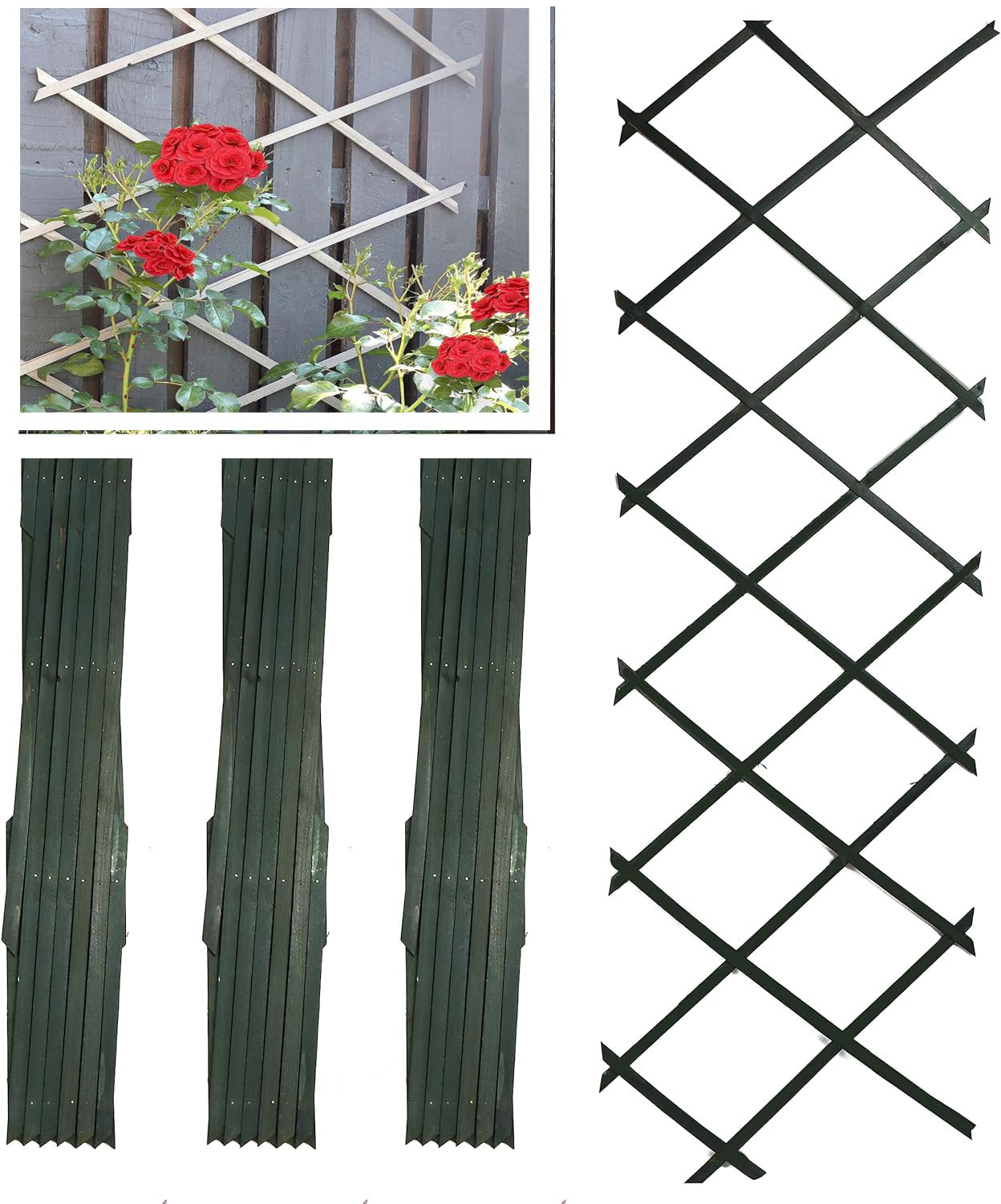 PRADICHI Wooden Expandable Pack of 3 Trellis for Climbing Plants – Garden Wall Trellis Fence Panels for Outdoor & Indoor Decoration, Partition & Plant Support (Green, 180cm x 30cm (3 Pack)