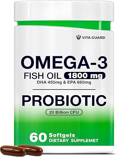 Aceite de pescado omega-3 con probióticos  1800 mg de EPA y DHA para el corazón, el cerebro y el intestino  20 mil millones de UFC, fibra de