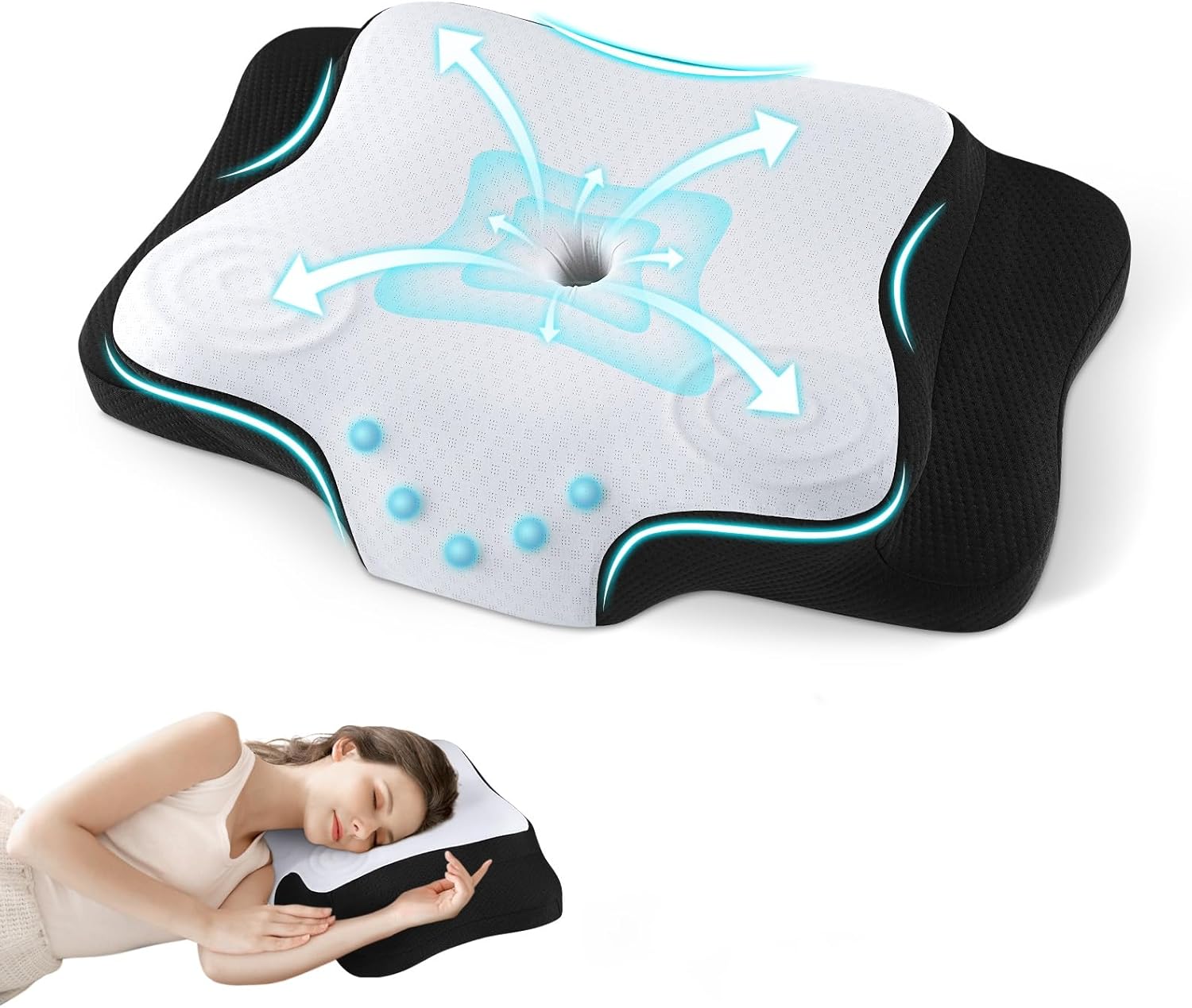 JINXIA Cervical Pillow for Neck and Shoulder, Ergonomic Orthopedic Pillow with Cooling Silk Case, Odorless Memory Foam Neck Support Pillow for Side, Back & Stomach Sleeper - Black & White - Amazon product rated Grade B