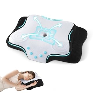 JINXIA Cervical Pillow for Neck and Shoulder, Ergonomic Orthopedic Pillow with Cooling Silk Case, Odorless Memory Foam Neck Support Pillow for Side, Back & Stomach Sleeper - Black & White - Amazon product rated Grade A