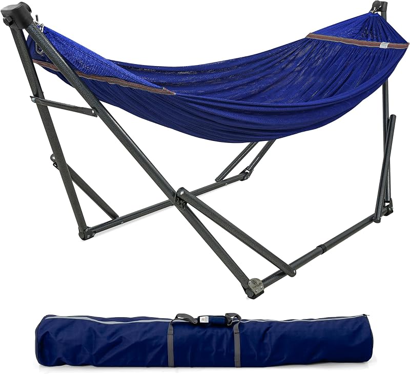 Tranquillo Camping Hammock and Stand, Collapsible Camping Hammock with Stand, 600 lbs Capacity Foldable Hammock for 2 Persons, Premium Noiseless No Screws Heavy Duty Multifunctional Stand, Blue | Alloy Frame, 2 Person Capacity, Tool Free Setup, 30 Second Assembly, Rubber Feet, Ball Bearing Joints, Carry Bag Included