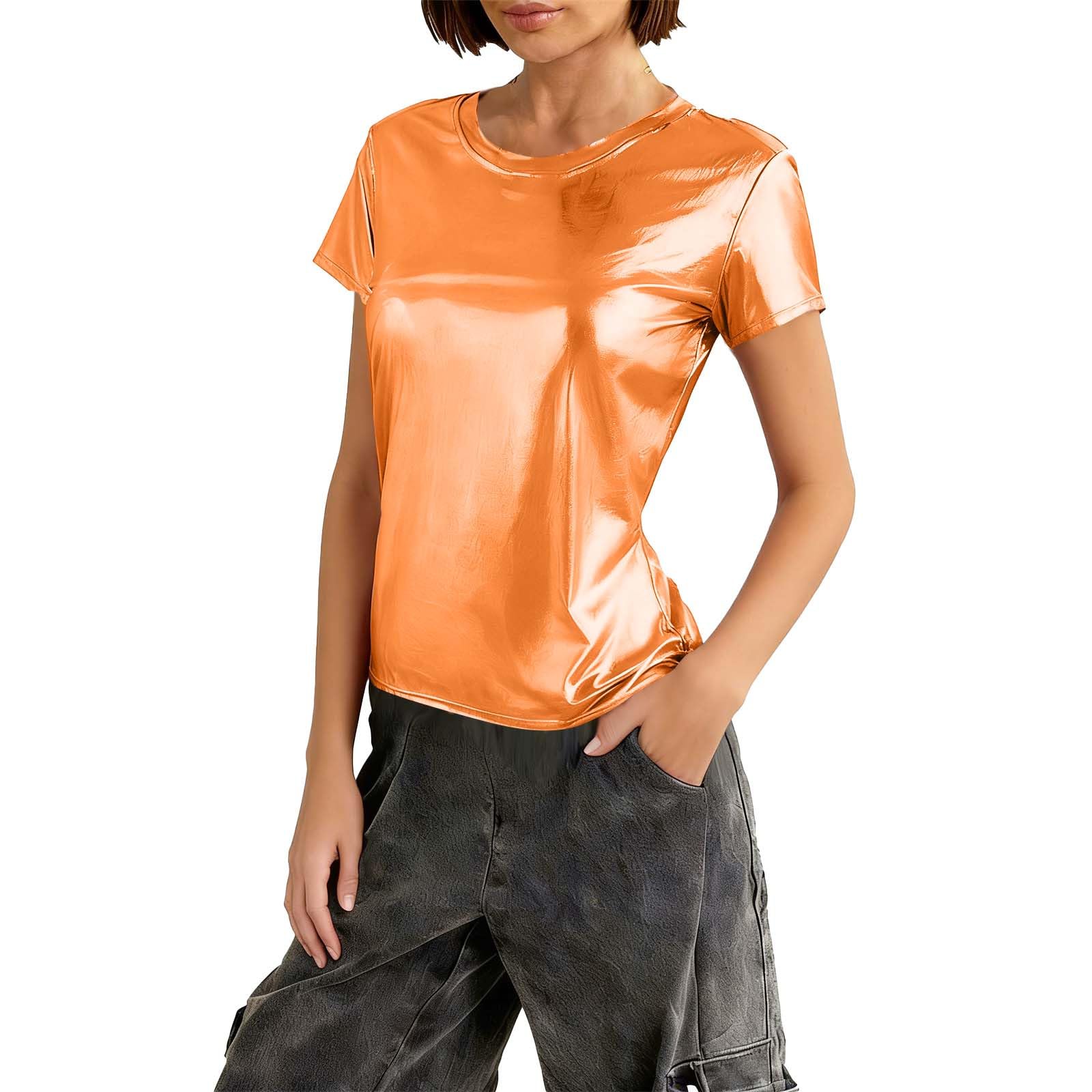 Silver Metallic Look Tops Women Glitter Space Alien Costume 80s Style Party Dance Disco Carnival Blouse Shiny Holographic Tunic Fitted Short Sleeve Tops Festival Hip-Hop Disco Club Clothing