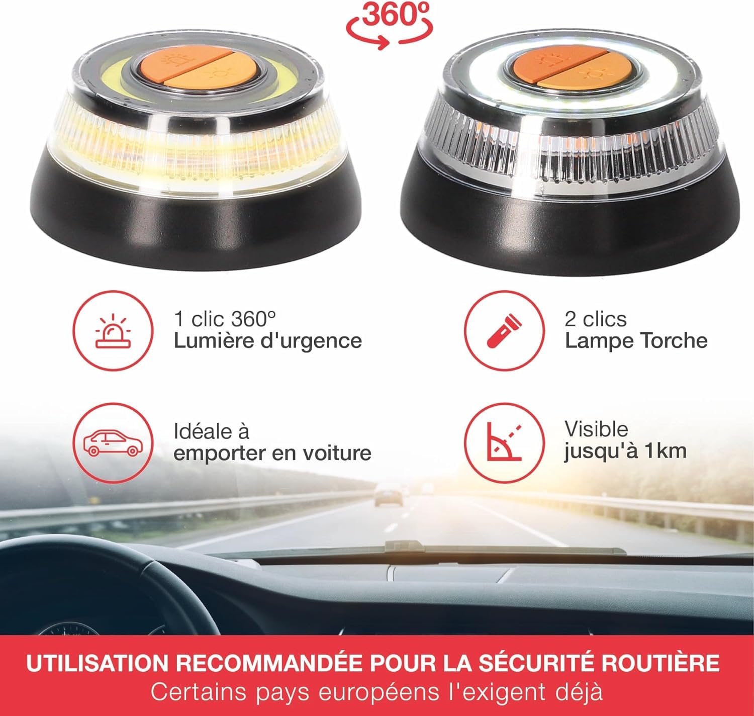 PMK GRUPO Lumière d'urgence V16 homologuée DGT | Balise signalisation Danger pour Voiture [Visibilité 1 Km] avec Base magnétique et Lampe Torche (2)