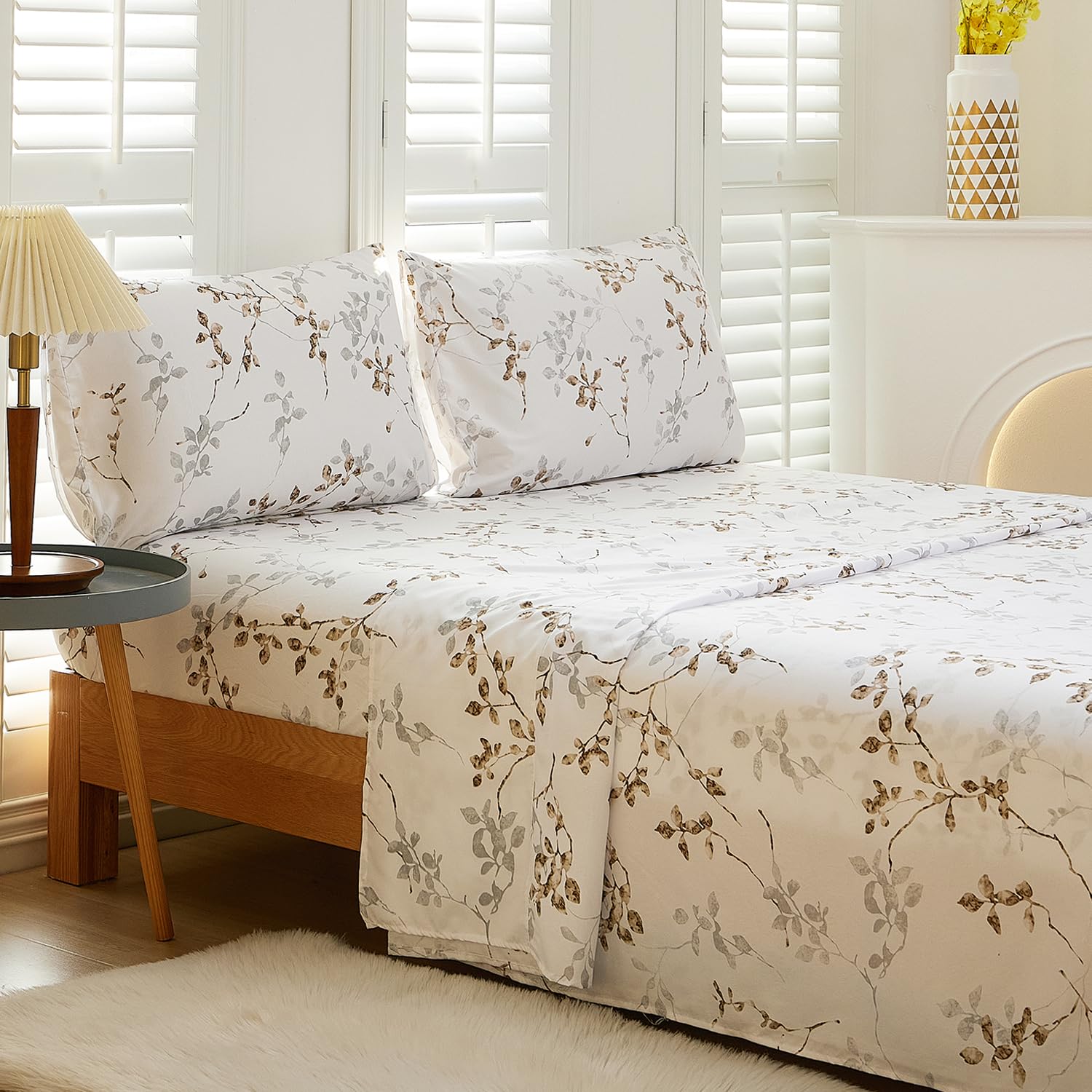 Vaulia Soft Cooling Microfiber Branches and Floral Print Pattern Sheet Sets, White/Light Grey Color King Size (2 Pillowcases 1 Fitted Sheet 1 Flat Sheet)