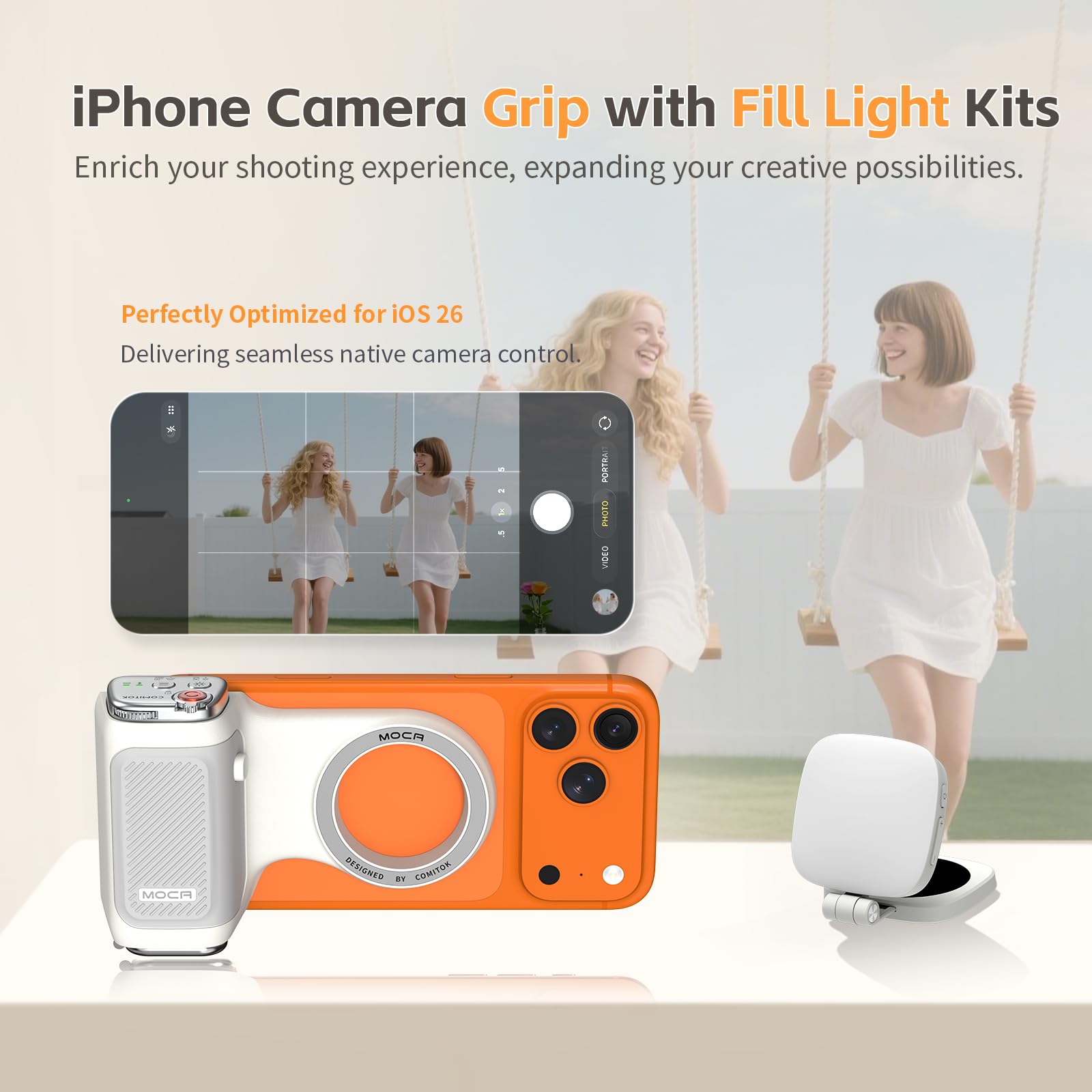 COMITOK MOCA iPhone Kameragriff mit Magnet-Licht & Spiegel, für iPhone 17 Pro, iOS 17 & iOS 18, Native Kamera, Abnehmbarer Fernbedienung, Schlüsselanhänger, Anti-Drop Magnetgriff zum Fotografieren