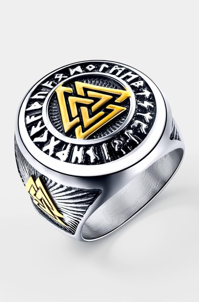 Rings for Men Stainless Steel Valknut Ring with Rune Circle Odin Symbol Band Finger Ring for Men and Boys.