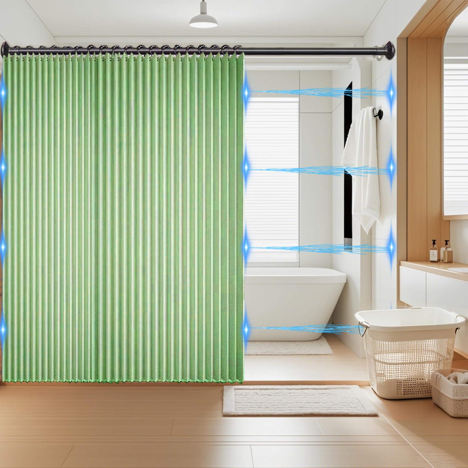 Cortina de Ducha Magnética Plegable Impermeable y Antimoho, Cortinas de Ducha de Tela Plisada, Resistentes y Lavables para Baño, 340g/m², Verde Manzana, 80x200cm