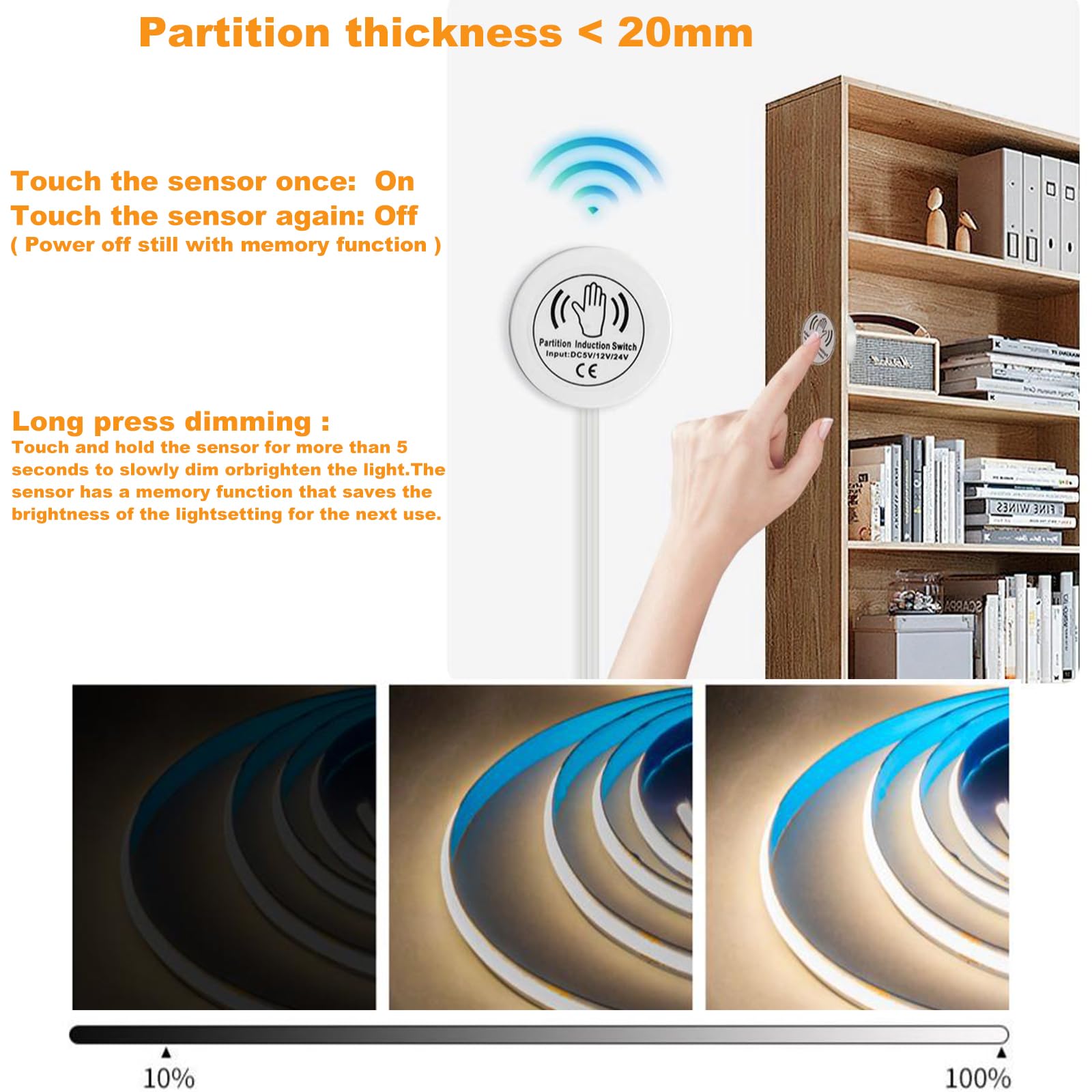 12V COB LED Streifen 6 in 1 Set, 6x1M Warmweiß Dimmbar mit Penetrating Touch & Hand Sweep Dimmschalter für Schrank, Vitrine, Küche, Regal, Akustikpaneele, Weinschrank und Regalbeleuchtung