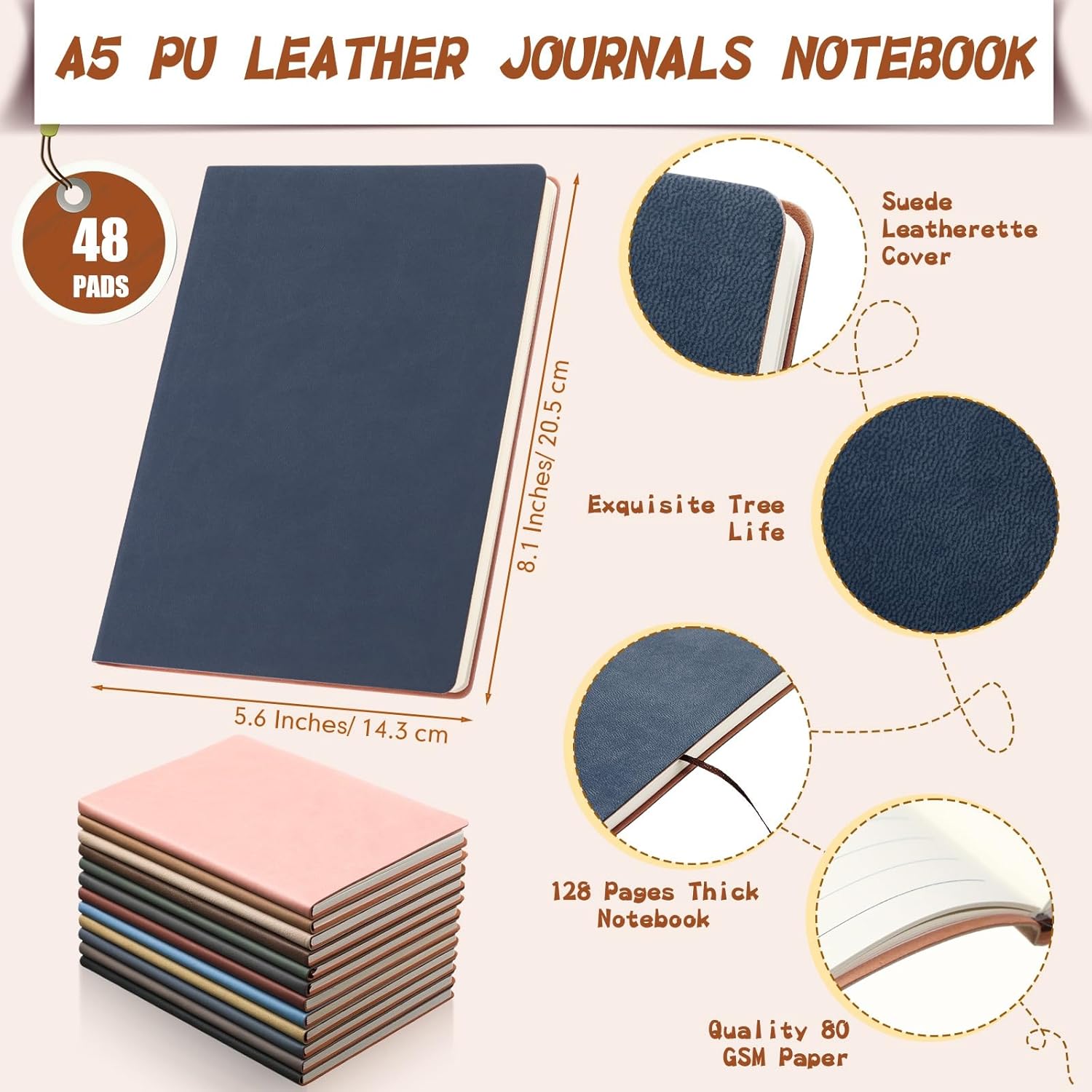 PerKoop 48 Pcs A5 PU Leather Journals Soft PU Leather Cover Ruled Writing Notebook Lined Journal Notebook for Office School Business Writing 128 Pages, 8.1'' x 5.6'' (Morandi Color)