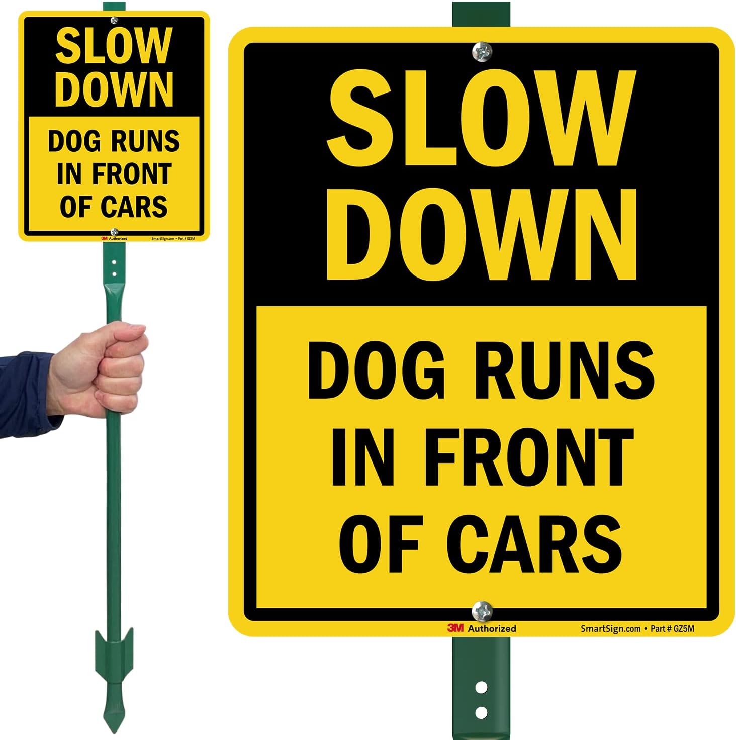 SmartSign 12" x 10" 'Slow Down Dog Runs In Front Of Cars' LawnBoss Yard Sign with 3 ft Stake, 40 mil Aluminum, 3M Laminated Engineer Grade Reflective Material, Black and Yellow, USA-Made