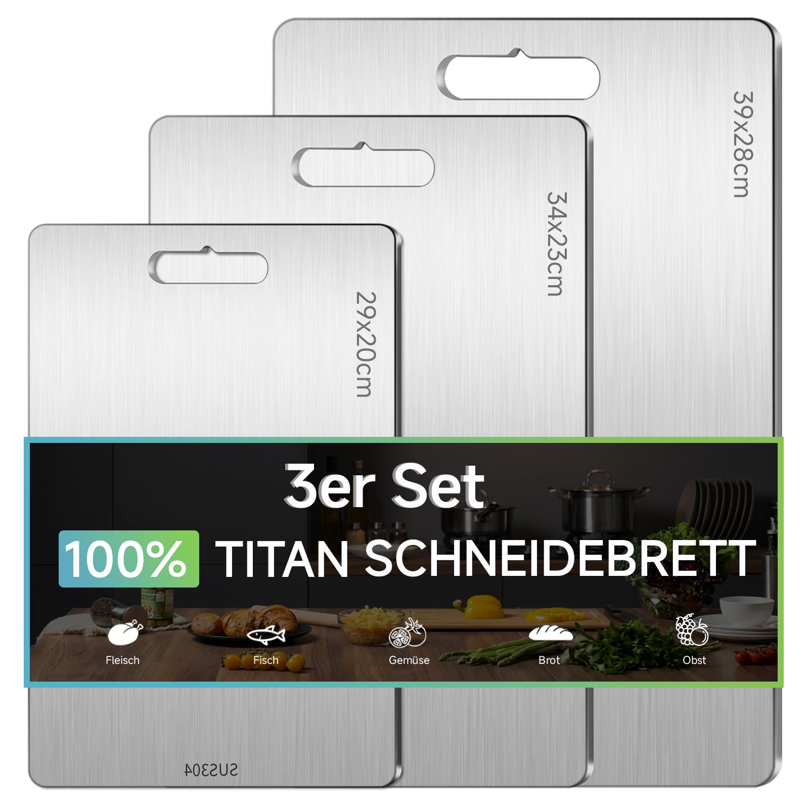 3Stück Titan Schneidebrett, Edelstahl Schneidbretter BPA-frei Rostferi Lebensmittel, Doppelseitig Titanium Cutting Board für Fleisch Brot Gemüse Obst, Spülmaschinenfest (29x20cm, 34x23cm, 39x28cm)