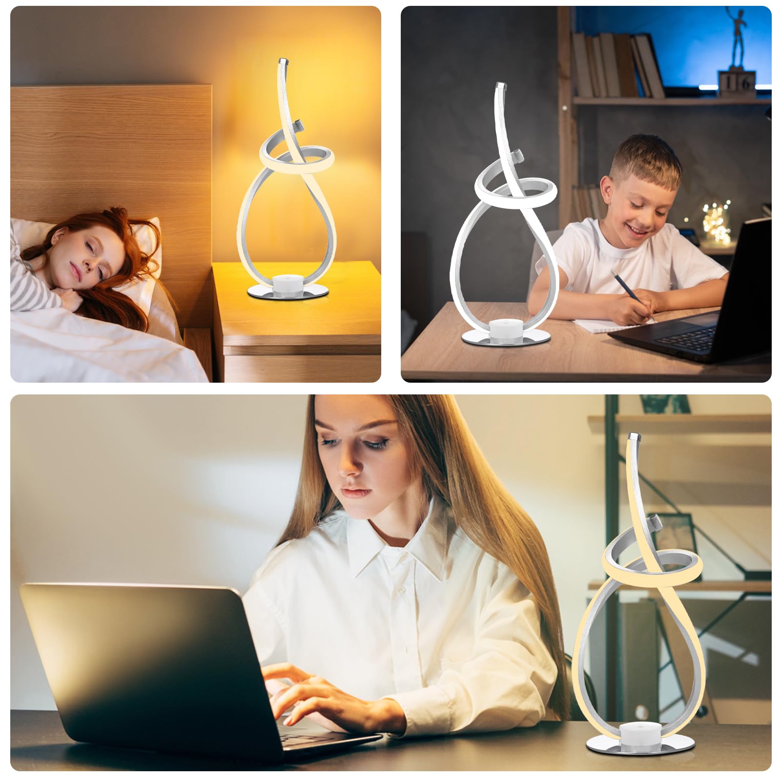 Neoglint Abat Jour da Comodino Moderne Dimmerabile, Spirale Lampade Comodino Camera da Letto 12W, Touch Control, Decorativo Curvo Lampade da Tavolo LED per Camera da Letto Soggiorno