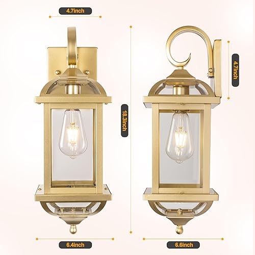 Miniatura 7 de Roravilila Paquete de 2 lámparas doradas de 18 pulgadas, luces de pared para exteriores, linternas exteriores, luces de porche de latón, luces de