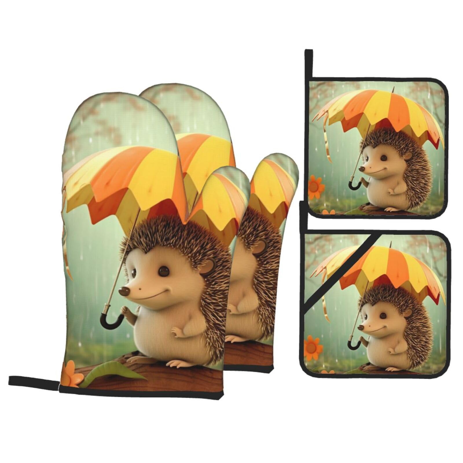 Oven Mitts and Pot Holders Set of 4 Heat Resistant Non-Slip Kitchen Gloves Hot Pads Hedgehog with Umbrella Oven Mitts Kitchen Mittens Gloves Non-Slip Potholders for Cooking Baking Grilling BBQ