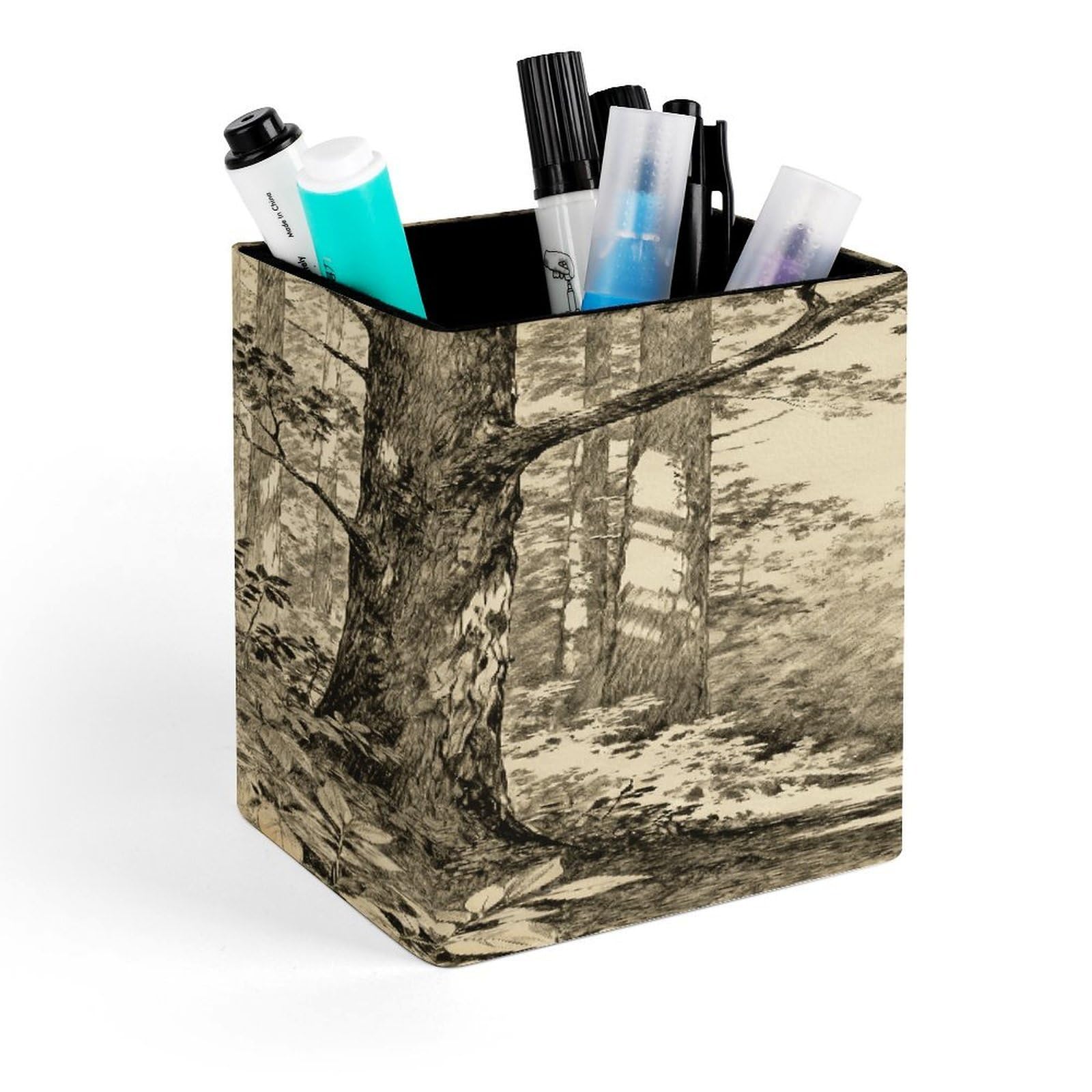 LZQPOEAS Vintage Sketch Forest Square Pen Pencil Holder PU Leather Pencil Cup Desktop Stationery Organizer Office Accessories Container