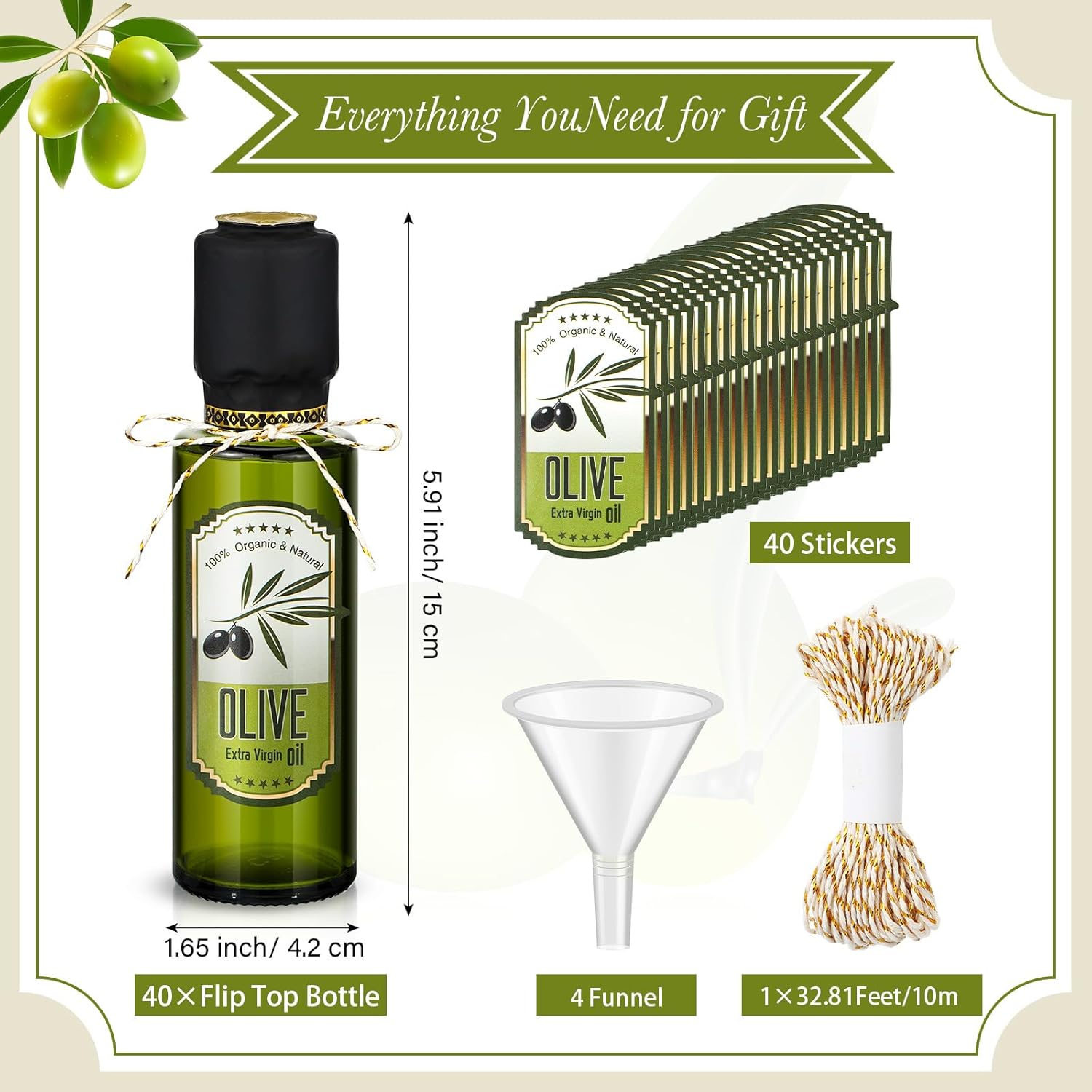 Reallnaive 40 Pcs 4 oz Mini Glass Olive Oil Bottles Empty Sauce Condiment Bottles with Dropper Inserts and Sticker Seals Caps for Gifts Kitchen (Olive Pattern,Dark Green)