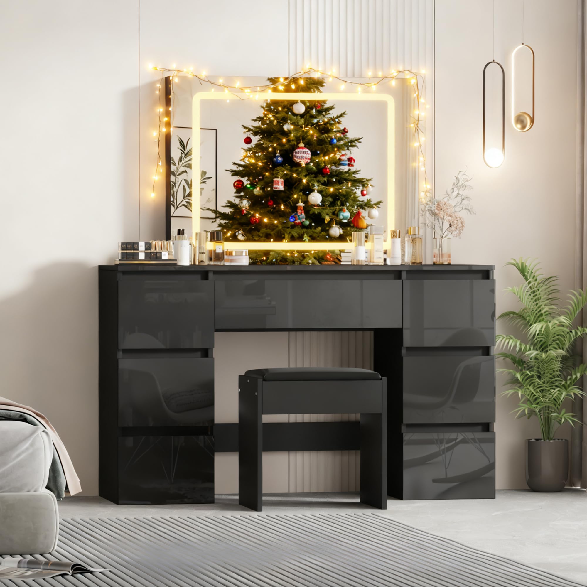 LSLIFE High Gloss Dressing Table with Mirror, Vanity Makeup Desk with 3 Color LED Lights Adjustable Brightness 7 Drawers Bedroom Dressing Tables Vanity Makeup Table for Women Girls (Black)
