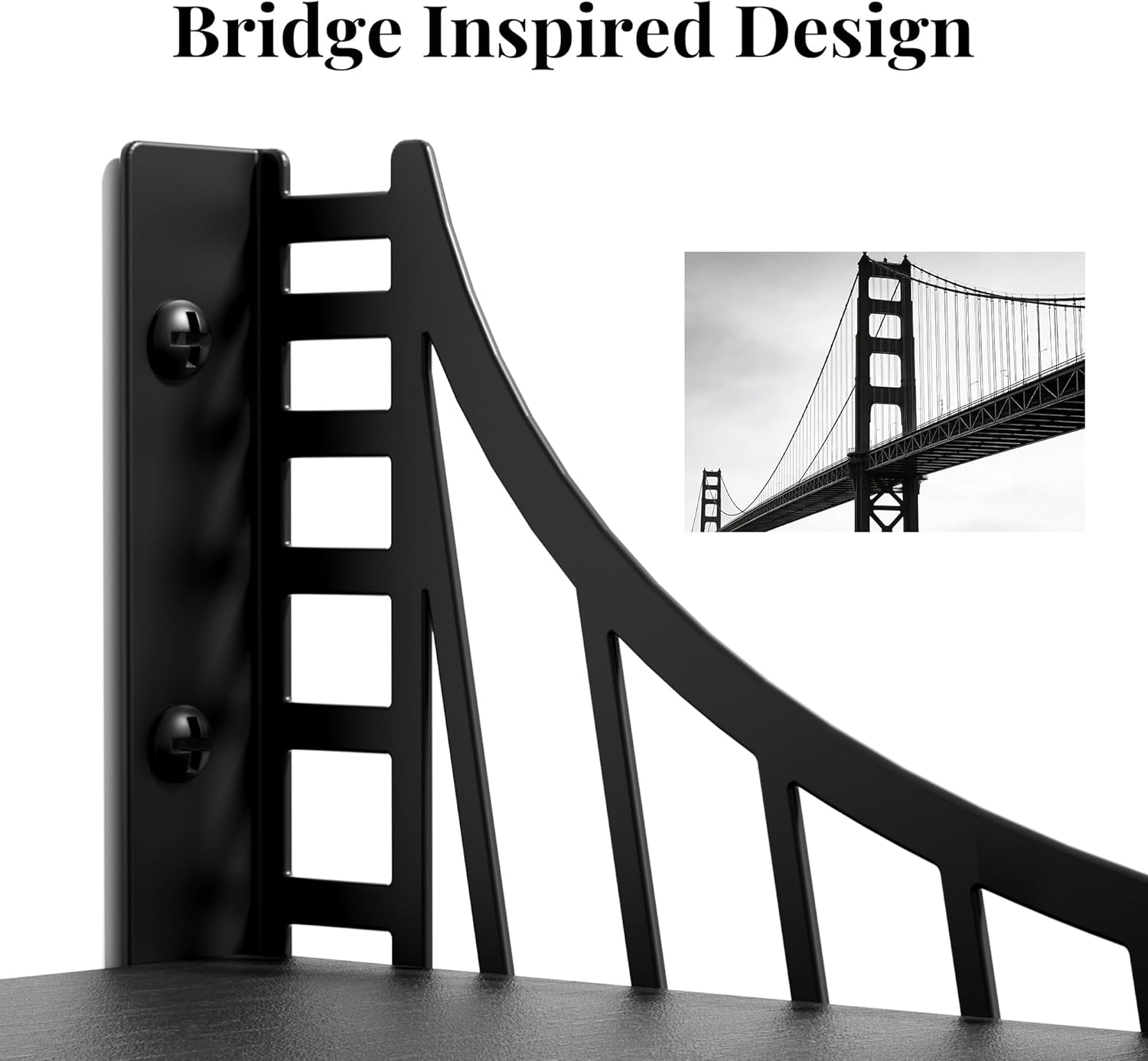 SRIWATANA Floating Shelves for Wall Decor, Bridge Design Wood Wall Shelves for Bedroom, Bathroom, Living Room & Kitchen, Set of 3 (Black)