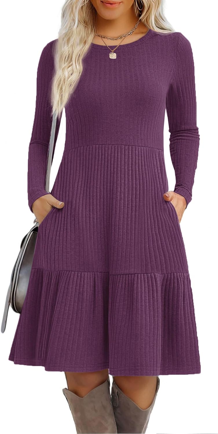 Zeagoo Womens Long Sleeve Fall Dresses with Pockets 2025 Flowy Casual Ribbed Knit Crew Neck Knee Length Sweater Dress