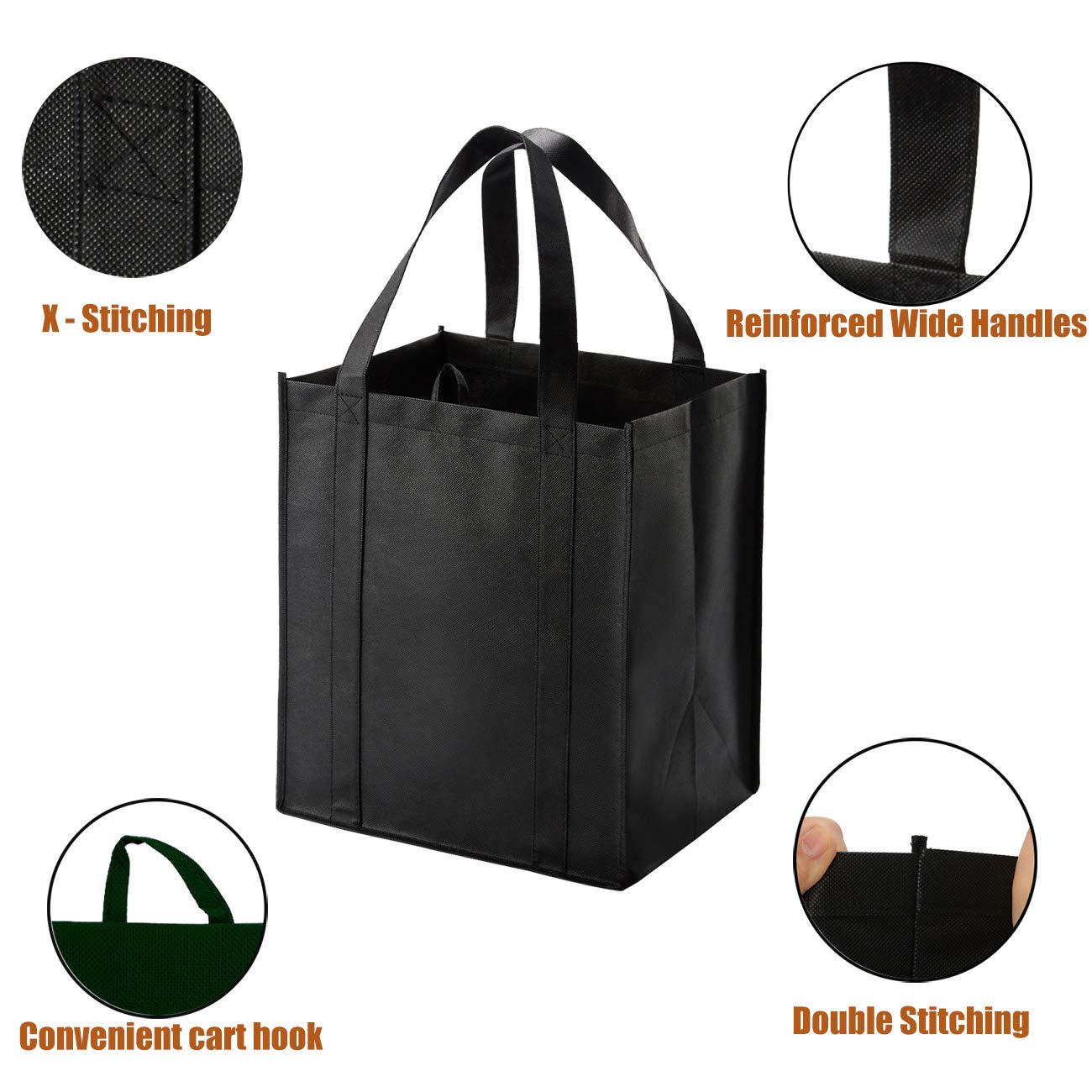 Reusable Reinforced Handle Grocery Tote Bags - Large 10 Pack, Black Eco-Friendly Shopping Bags