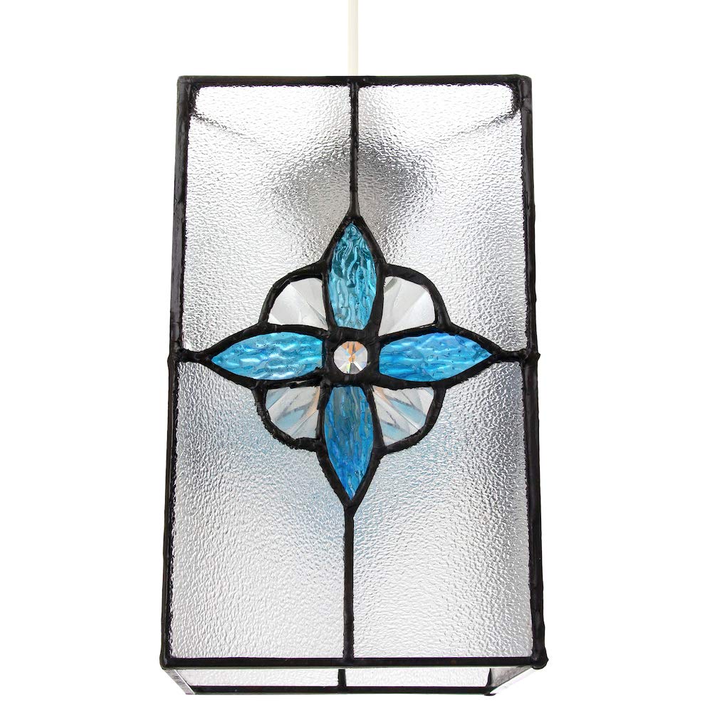 Happy Homewares Tiffany Pendant Shade - Clear Glass with Teal Panels - Rectangular - 21cm Height