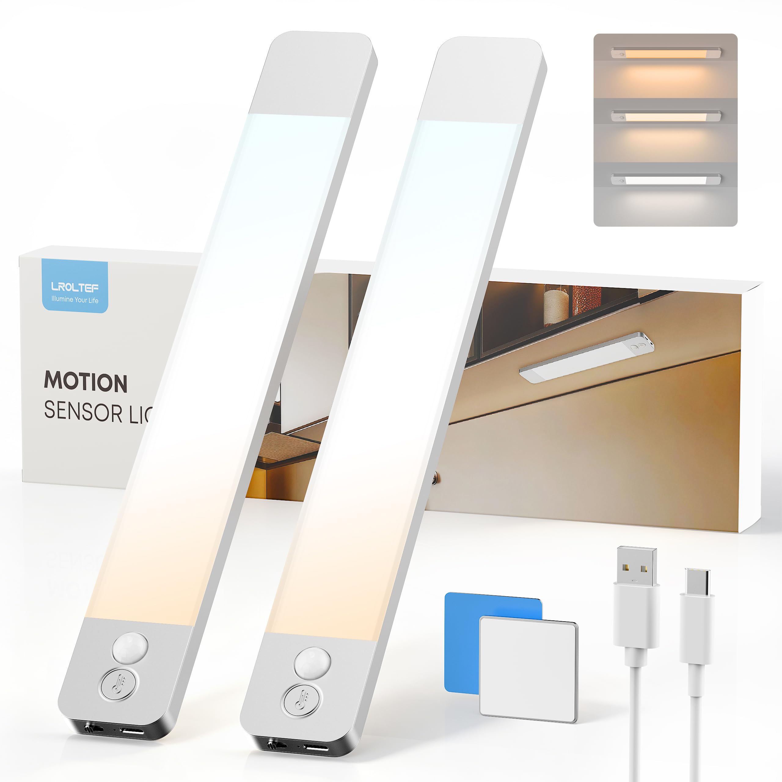 LROLTEF Cabinet Kitchen Lights Motion Sensor Dimmable 30cm 2200mAh 3 Color Temperature LED Under Counter USB-C Rechargeable Wardrobe Sensor Indoor Lights for Kitchen Shelf Stairs Closet 2 Pack
