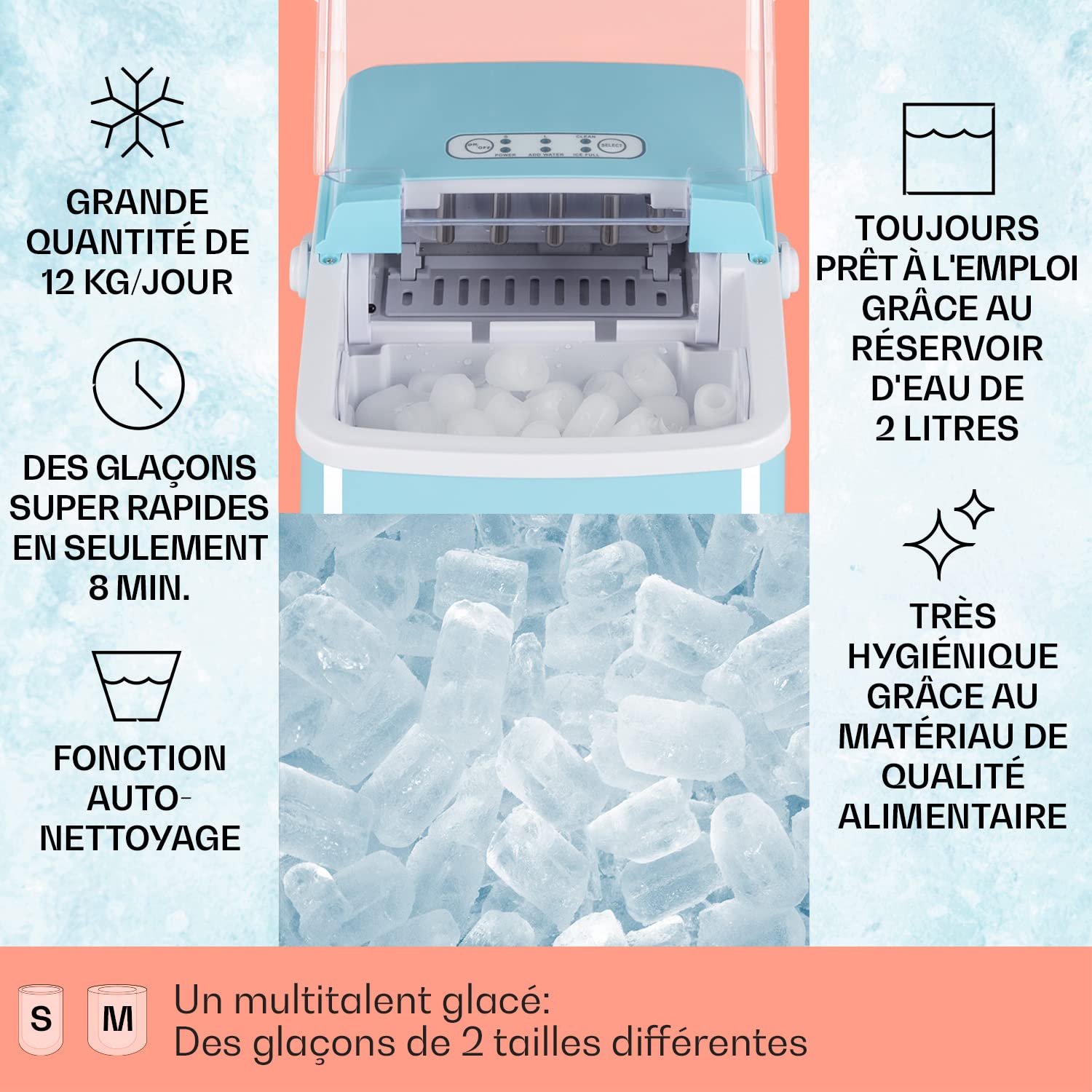 Klarstein Arctic Porter - Machine à glaçons 12kg / 24h, 2 tailles, temps de production 12kg de Glacons, réservoir d'eau de 2 l, écran LCD, minuterie, poignée, sans BPA
