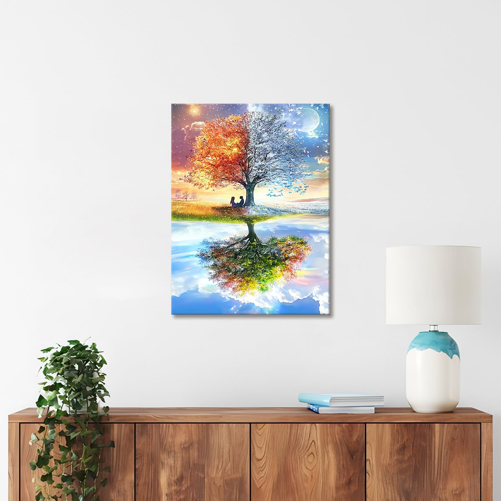 Wooden Framed Canvas Wall Art Four Season Tree of Life Painting on Canvas Prints Poster Blue Sky and White Clouds Pictures for Living Room Bedroom Home Office Hallway Corridor Wall Decor 30x40cm - Image 4