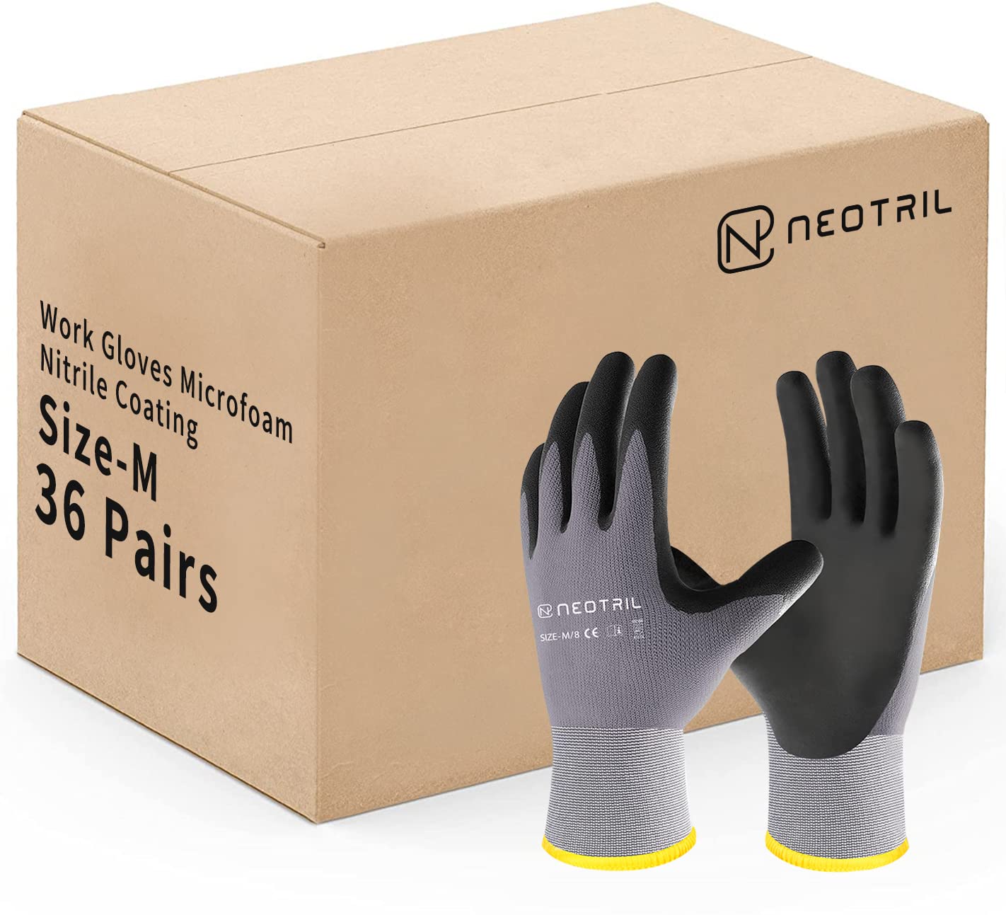 NEOTRIL - Guantes de trabajo de seguridad de microespuma con revestimiento de nitrilo sin costuras, guantes de trabajo ligeros de nylon de punto con mango para hombre y mujer (gris, 36 pares)