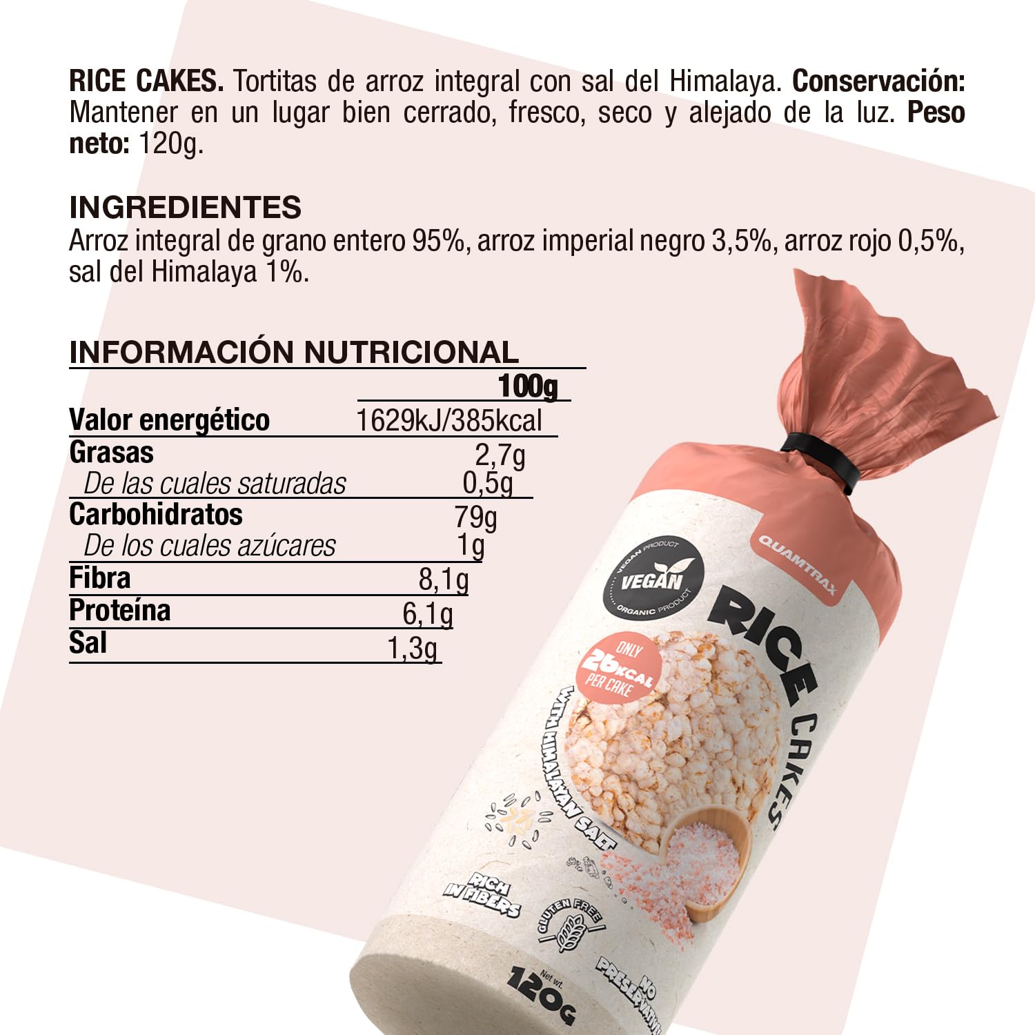 Quamtrax Nutrition - Brown Rice Cakes 120 gr x 12 - Con Sal del Himalaya - Sin gluten, saludable y ligero