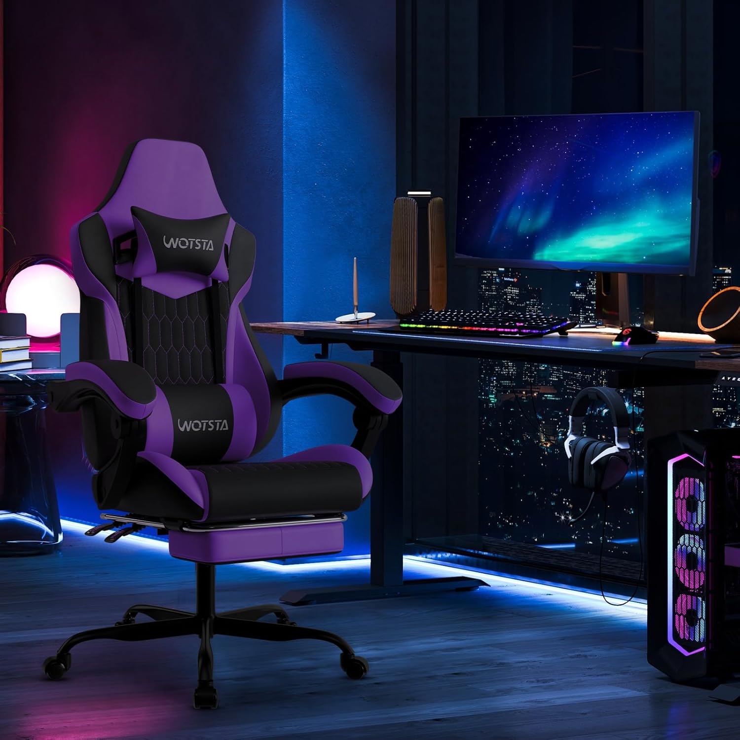 Gaming Chair with Footrest, High Back Gaming Chairs PVC Leather Ergonomic Gamer Chair with Adjustable Headrest Lumbar Support Racing Style Video Gaming Chair for Office/Home (Purple) thumbnail