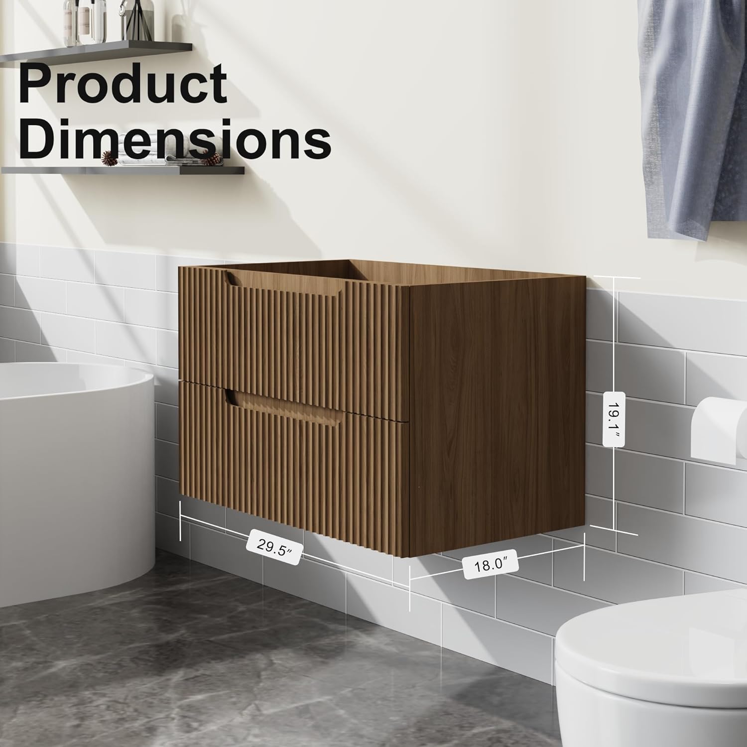 30” Wall-Mount Bathroom Vanity Floating Bathroom Cabinet in Walnut, Sink Basin Not Included