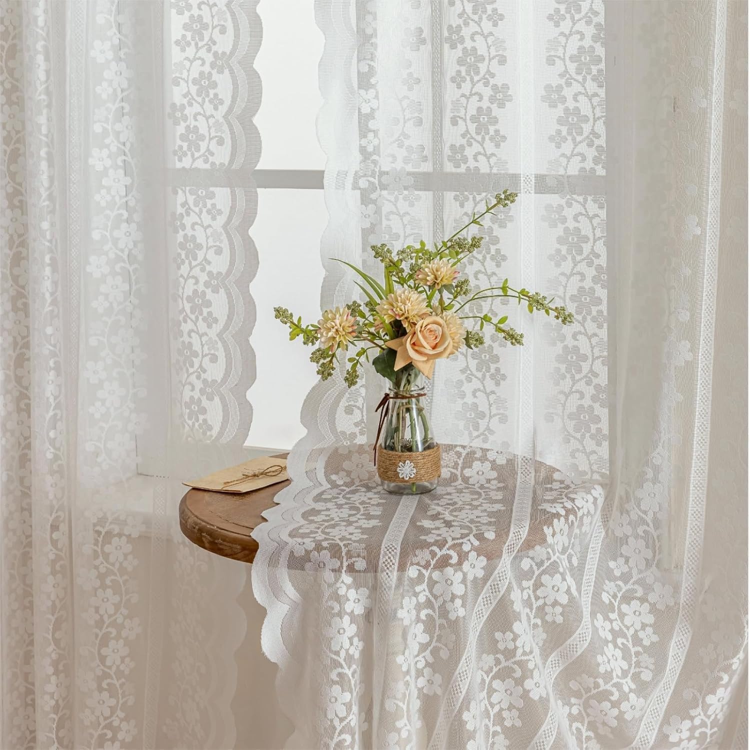 White Lace Curtains 84 Inches Long for Bedroom Living Room 2 Panels, Elegant Vintage Scalloped Edges Boho Floral Lace Semi Sheer Curtain Rod Pocket French Country Light Filtering Drapes