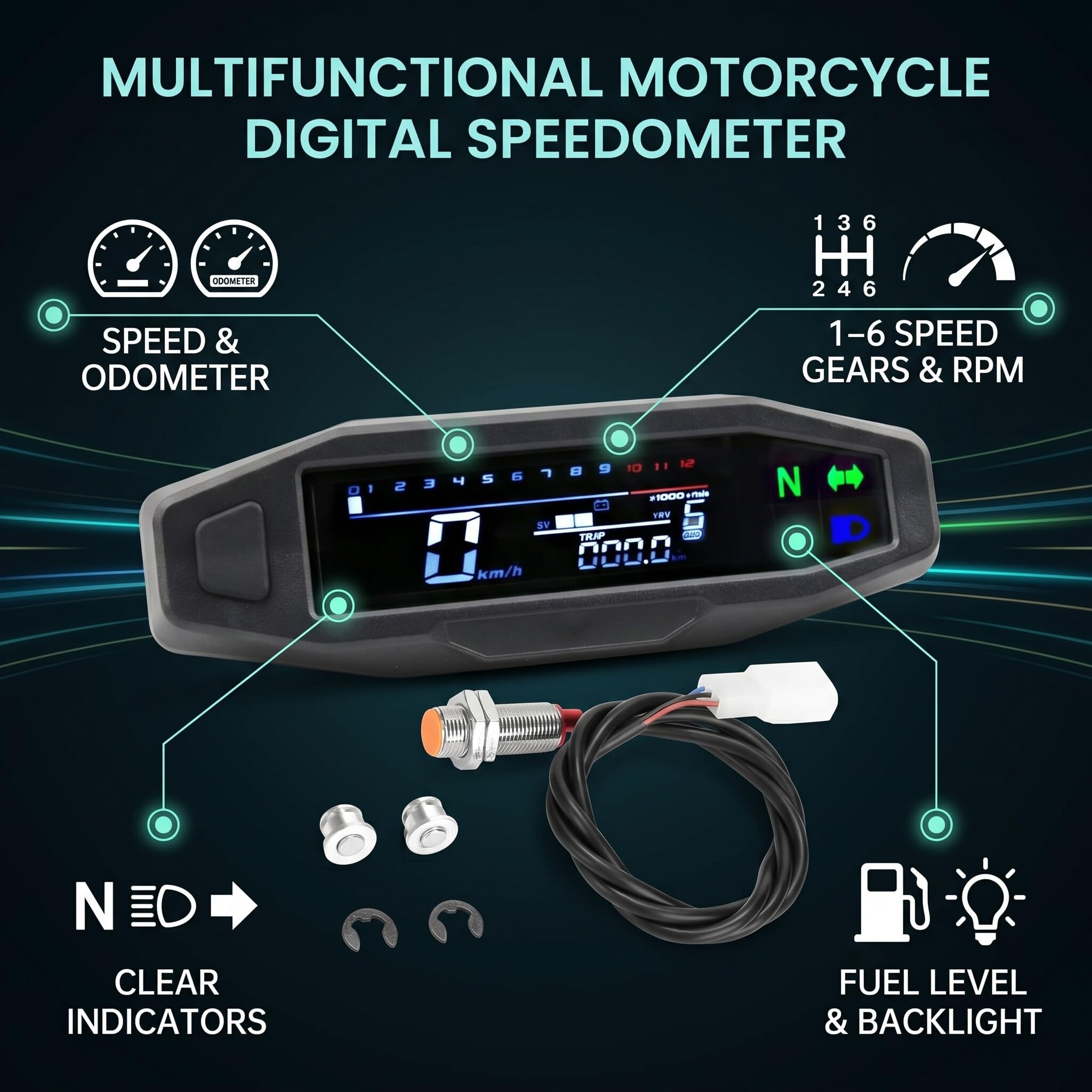 Shkalacar Cyfrowy tachometr motocyklowy, obrotomierz z wyświetlaczem LCD 1-6 biegów, kierunkowskaz, podświetlenie, licznik kilometrów i gaźnik do większości modeli motocykli (z kablem)