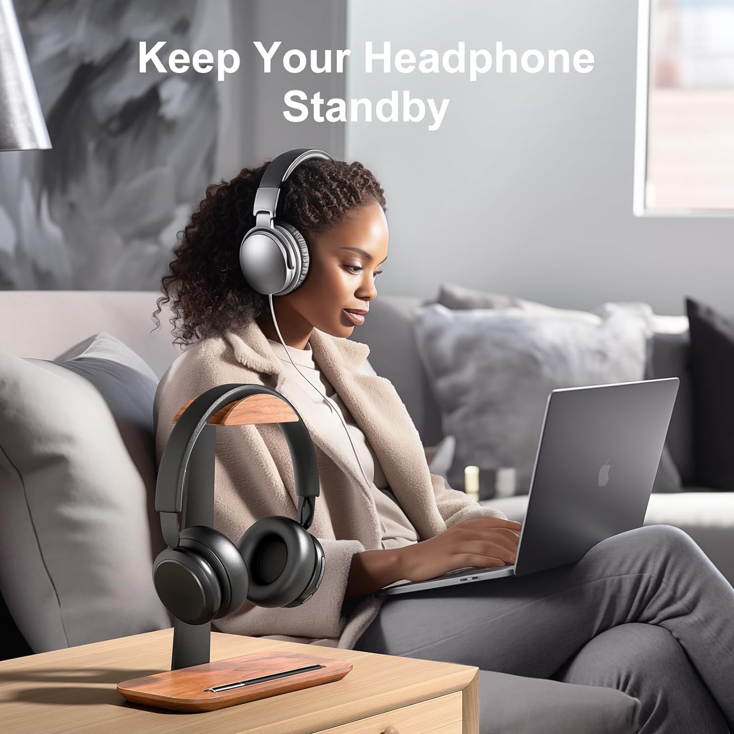 Support de Casque en bois de noyer, Porte Headset de bureau avec base de stockage, compatible avec AirPods Max, Beats, Bose, Sony, Sennheiser, Gaming, etc