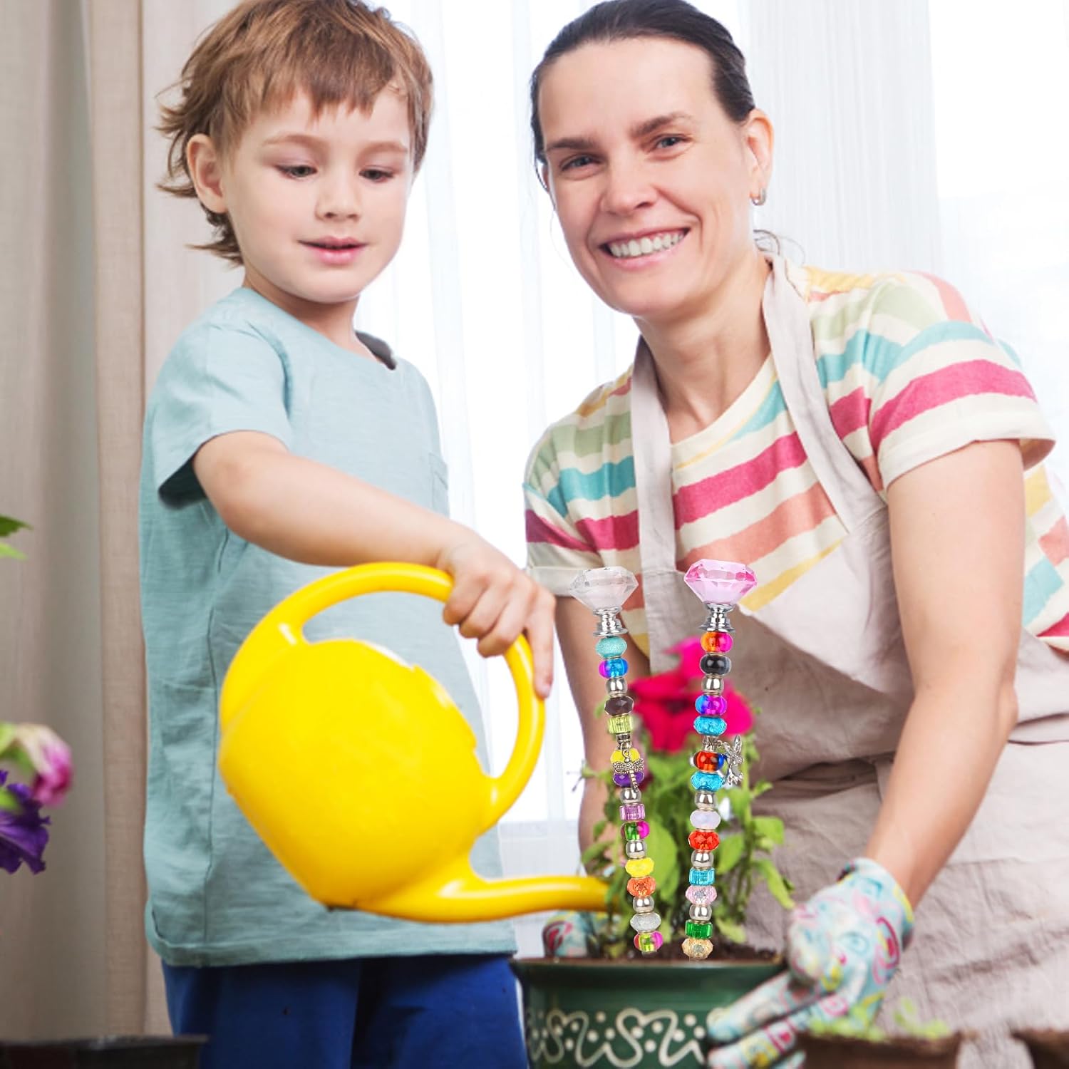 45 Pcs 8/32 Inch Threaded Rod Sets Include 15 Pcs M4 Screw Rod with 15 Pcs Metal Hex Nuts and 15 Pcs Beaded for Beaded Garden Stake Rods