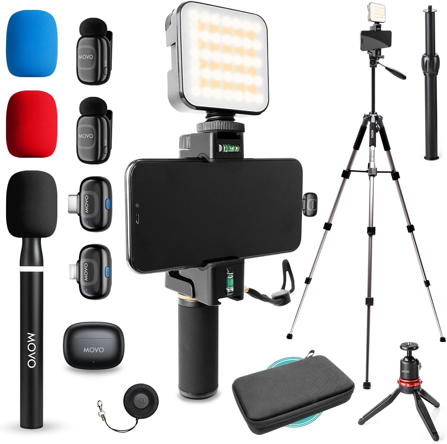 Movo iVlogger-PRO Wireless Vlogging Kit for iPhone/Android with Fullsize Tripod - YouTube Starter Kit with Wireless Microphone, Tripod, LED Light for Content Creators