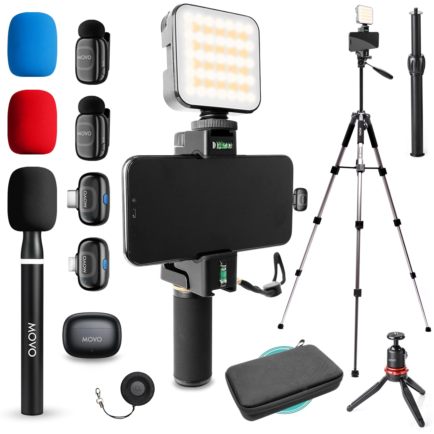 movo ivlogger-pro wireless vlogging kit for iphone/android with fullsize tripod - youtube starter kit with wireless microphone, tripod, led light for content creators