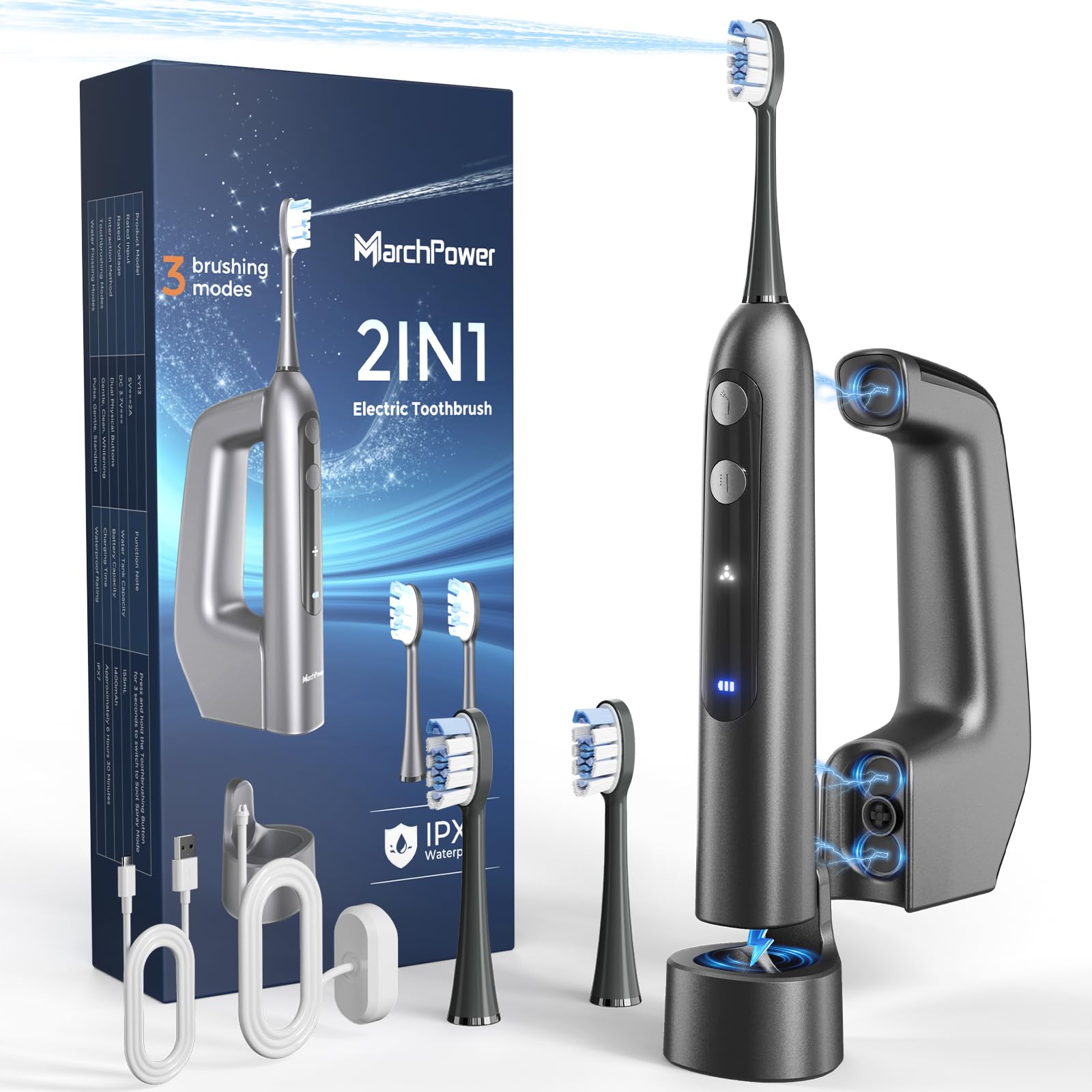 Marchpower Cepillo de Dientes Eléctrico Sónico con Irrigador y 46° Oscilación Vibración, IPX7 Impermeable Irrigador Dental Portatil con 2 Cabezales Aceptado, Depósito Magnético de Agua de 155 ml