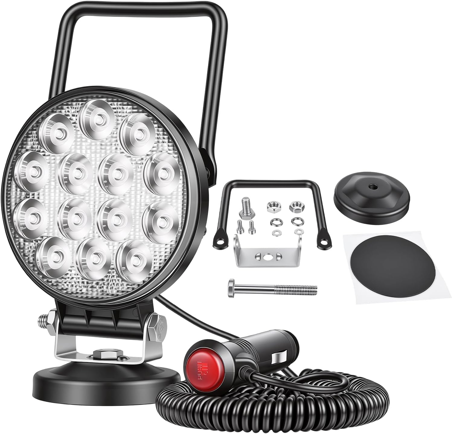 Magnetic Led Work Light 12V, SKYWORLD 1PCS 4 Inch 42W Round Spot Off Road Driving Fog Lamp, Portable Magnetic Base Holder for Car SUV Trailer Tractor Truck Engineering Maintenance Garage Camping