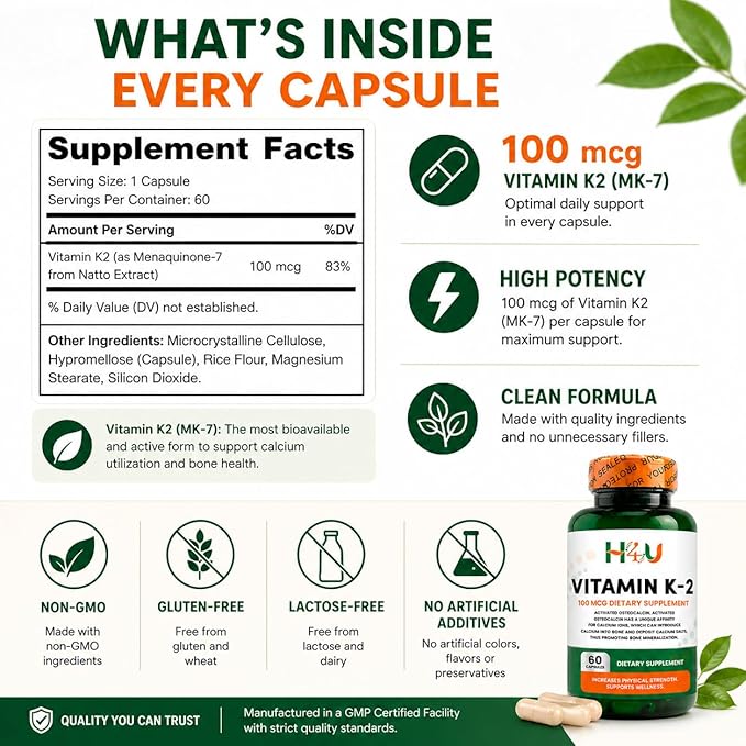 H4U Vitamina K2 MK-7 100 mcg - 60 Cápsulas - Sin Gluten miniatura 4