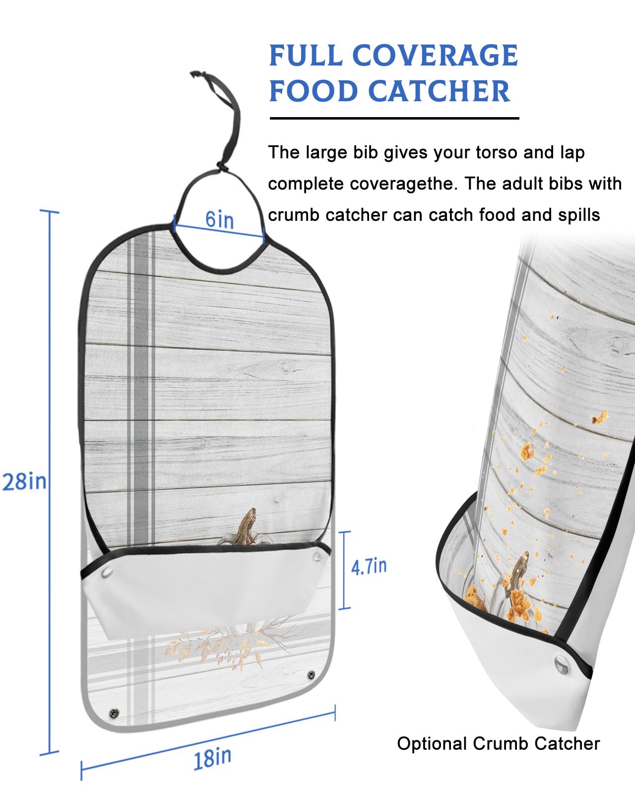 Thanksgiving Adult Bibs for Eating, Waterproof Bibs with Food Catcher & Adjustable Snap Closure, Pumpkin Fallen Leaves Rustic Wood Washable Clothing Protectors Adult Bibs for Elderly Women/Men