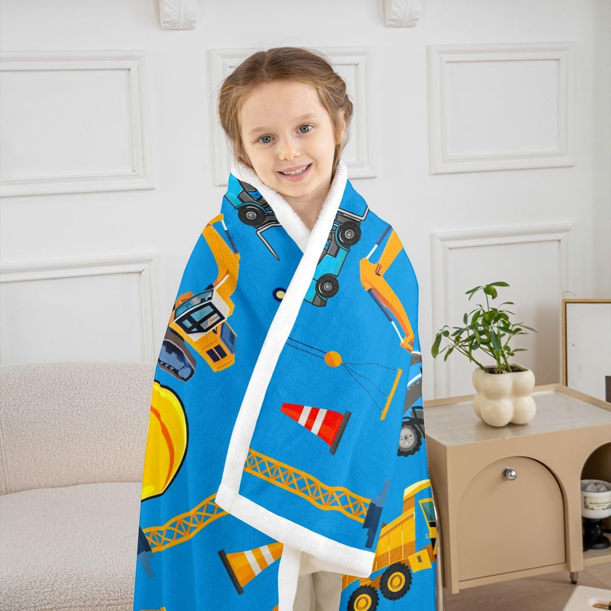 Loussiesd Pojazdy budowlane koc polarowy koparka litera F Sherpa koc dla dzieci kobiet mężczyzn pluszowy puszysty kreskówka samochód traktor królowa 228 x 229 cm na łóżko kanapę krzesło salon